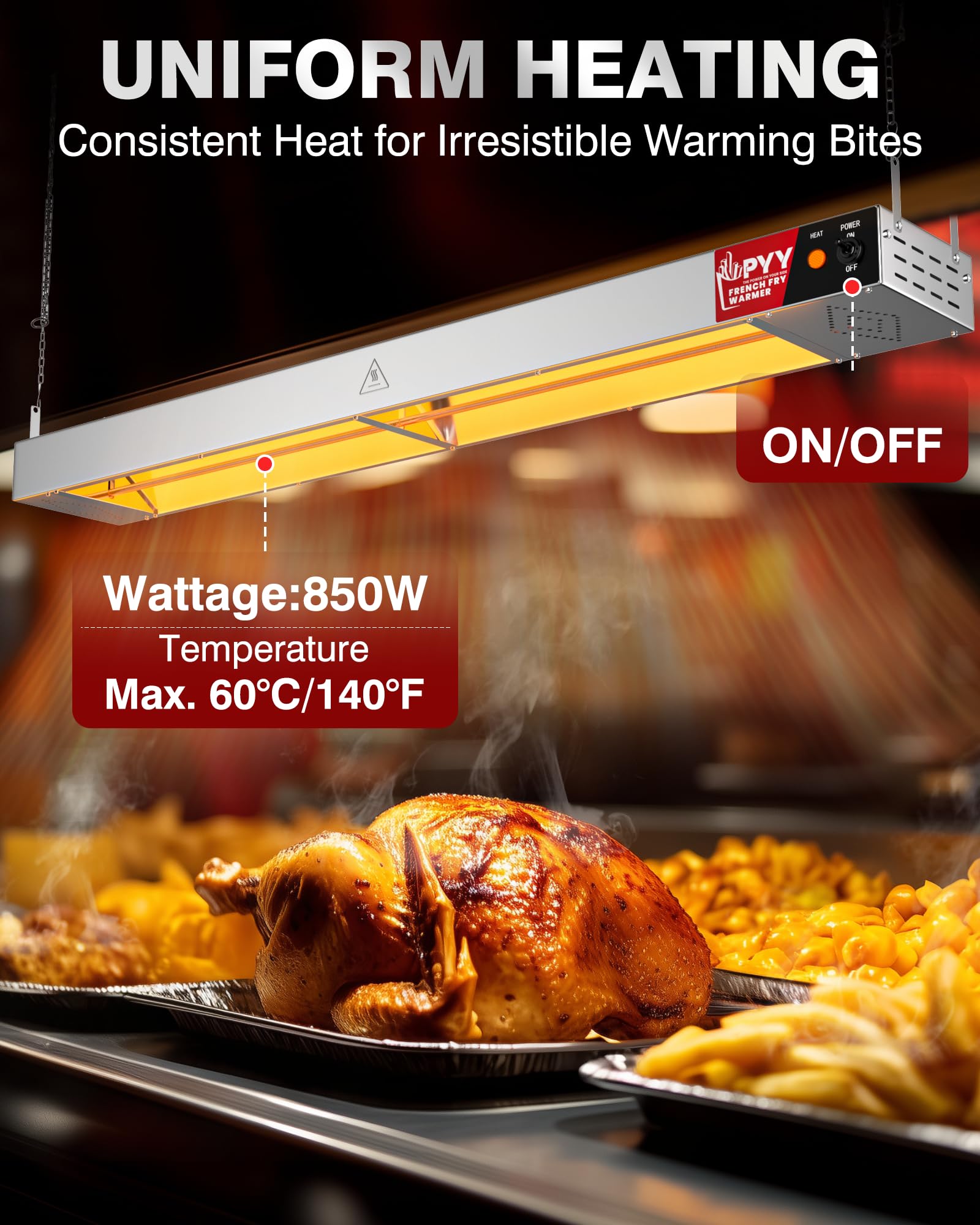 PYY Electric Strip Heater 42 Inch Food Heat Lamp - Commercial Grade Infrared Food Warmer, Pass-Through Stations Heating, Stainless Steel Food Warming Light for Cafeteria Restaurant Kitchen, 850W