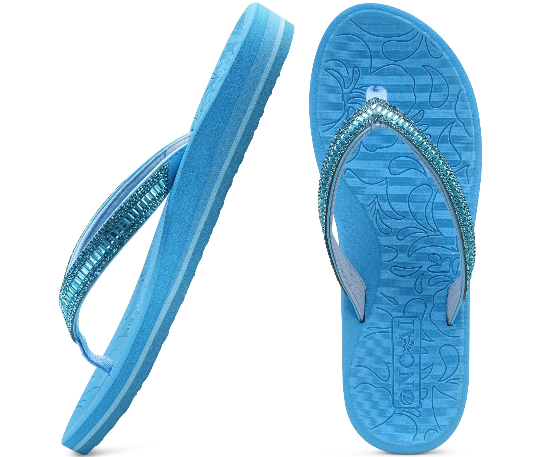 ONCAI Damen Zehentrenner Flip Flops mit Glitter Indoor/Outdoor Sommer Schwimmbad Strand Komfort Strand Plattform Angenehme Sandalen Badelatschen mit Orthopädie Arch Support Blau Größe 43 EU