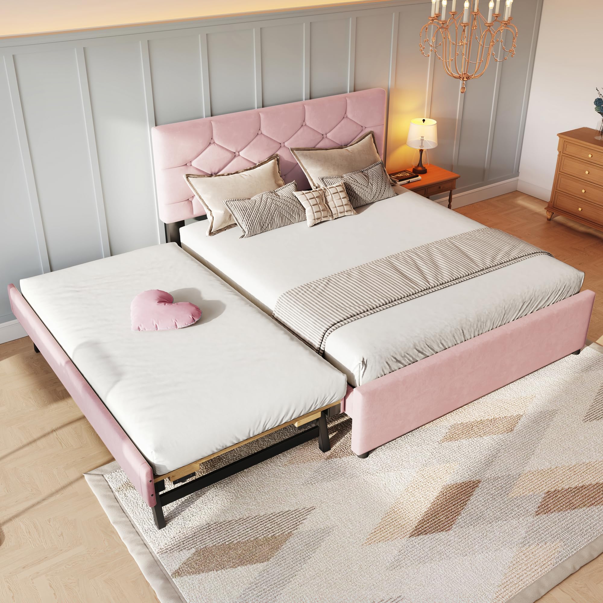 Soweiz Letto imbottito 140 x 200 cm, letto imbottito con letto estraibile, letto con rete a doghe (senza materasso), letto con contenitore arrotolabile, velluto, minimalista (rosa)