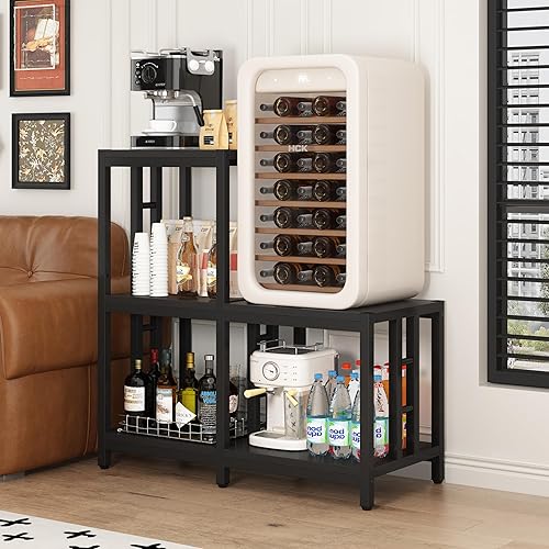 Mini soporte para refrigerador con almacenamiento, gabinete negro para barra de café con espacio para mini refrigerador, soporte para microondas y