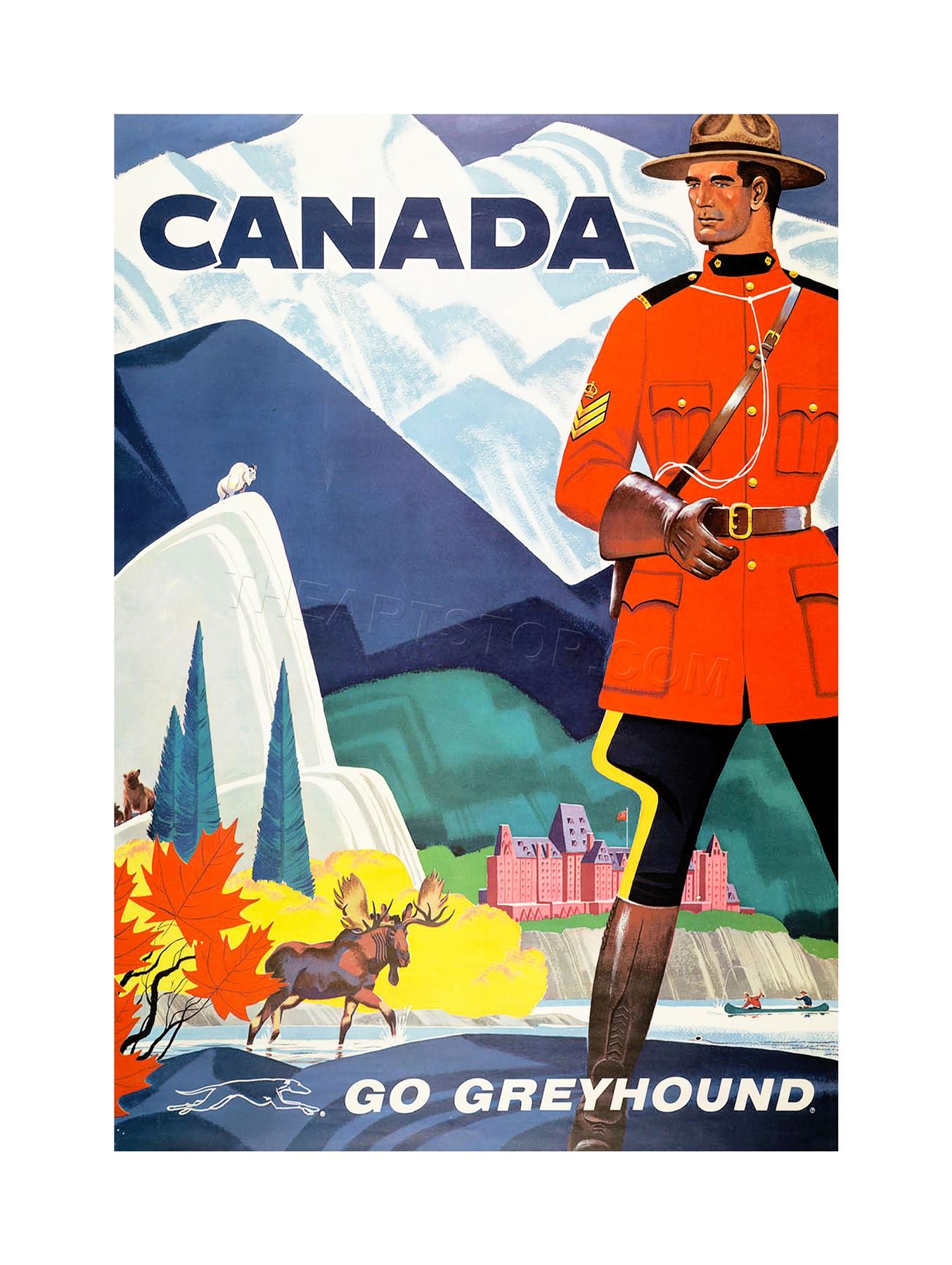 Wee Blue Coo Travel Transport Bus Coach Mountie Moose Goat Canada Wall Art Print