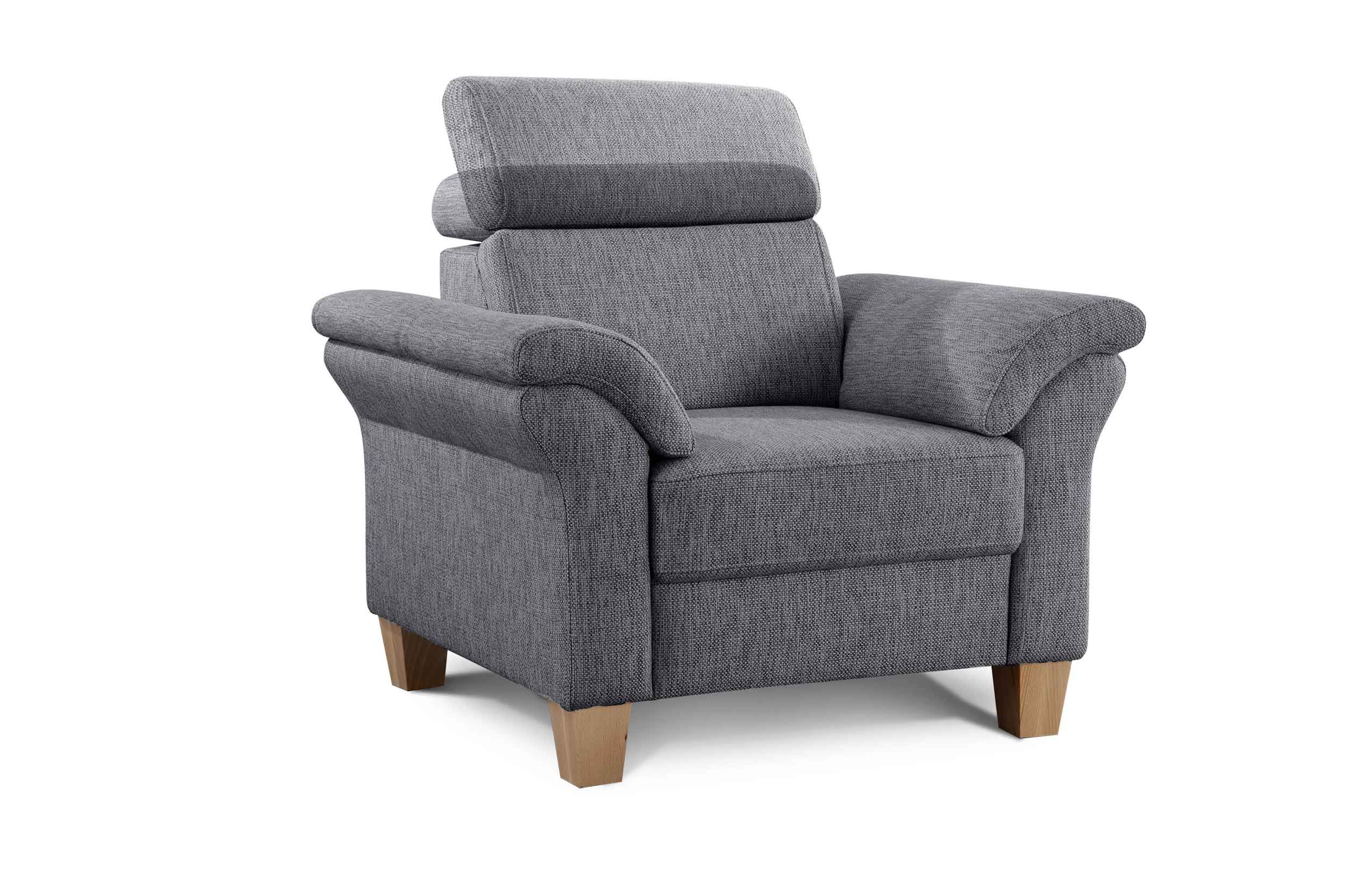 Cavadore Sessel Ammerland inkl. Federkern und Kopfteilverstellung / Großer Polstersessel im Landhausstil / Passend zur Sofagarnitur Ammerland / 101 x 84 x 93 / Strukturstoff grau