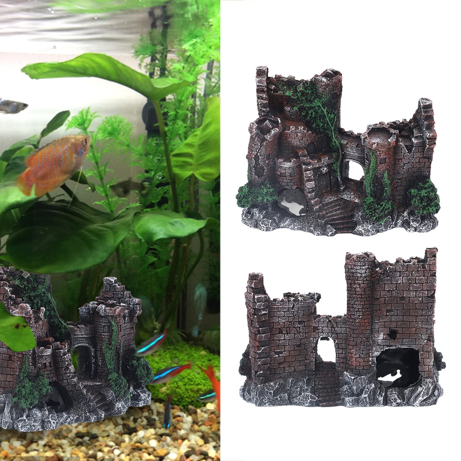 Decorazione del castello dell'acquario, ornamento del castello dell'acquario, casa per acquario in resina realistica con nascondiglio per acqua dolce salata, decorazione non