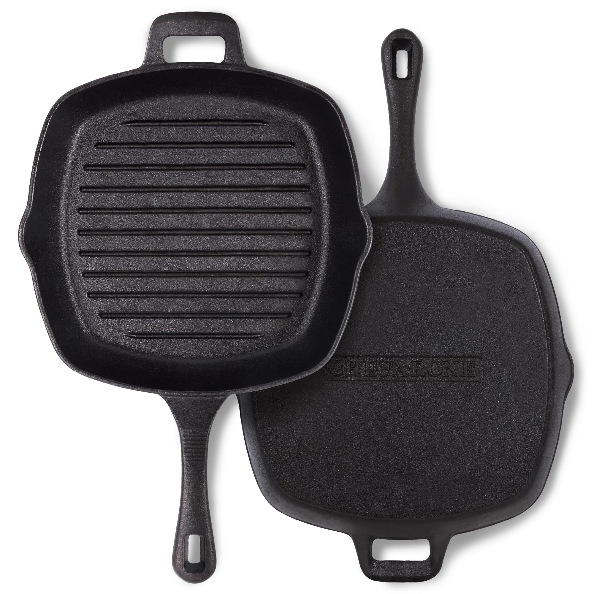 Chefarone Gusseisen Grillpfanne 25,5 cm – Bratpfanne & Servierpfanne emailliert mit Ausgießnasen – Steakpfanne für Kochliebhaber, geeignet für Induktion, Gas, Ceran & Backofen