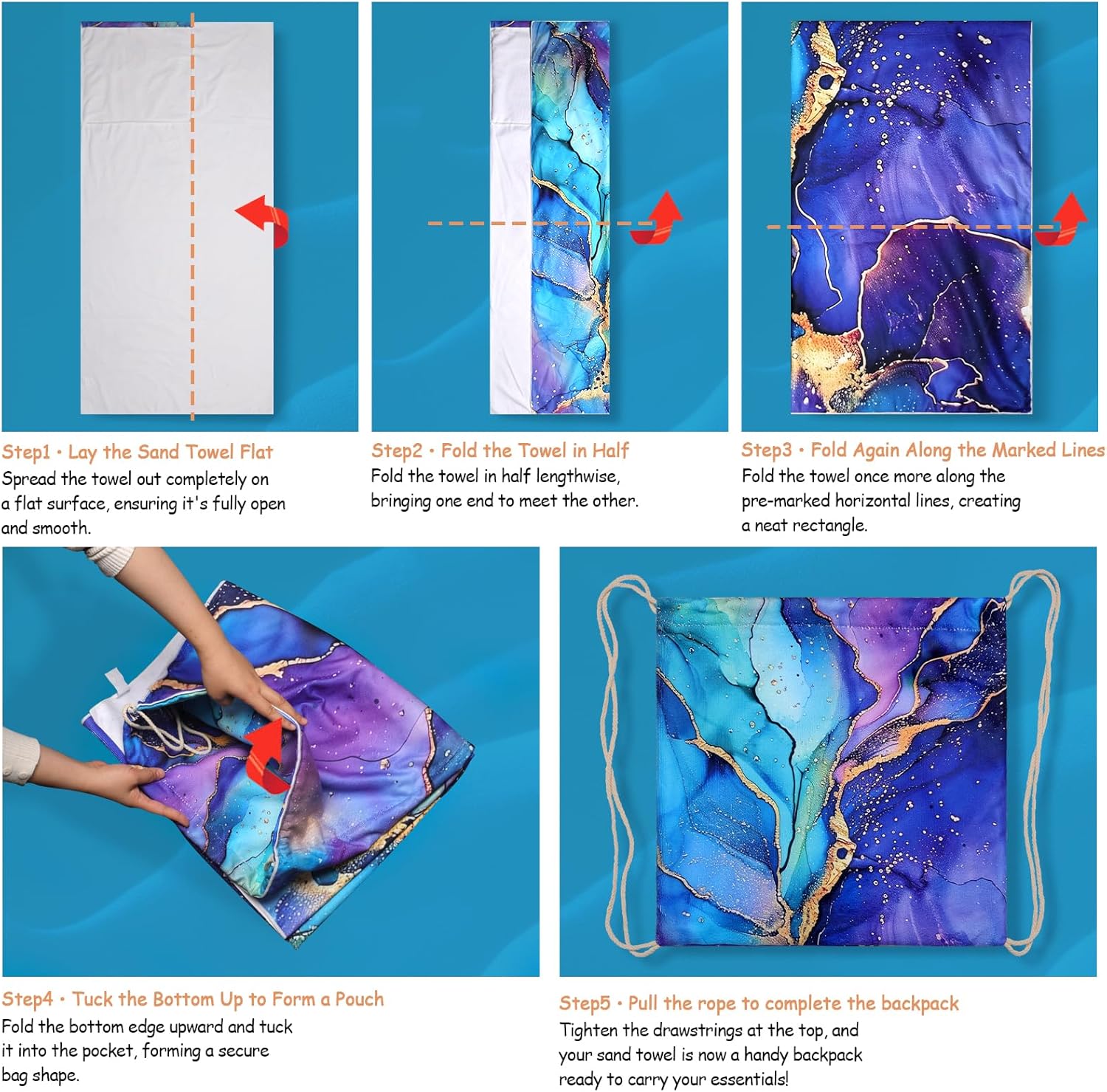 Purple Marble Beach Towel - Microfiber Beach Blanket Backpack for Travel Adult Camping Holiday 63"x31.5"