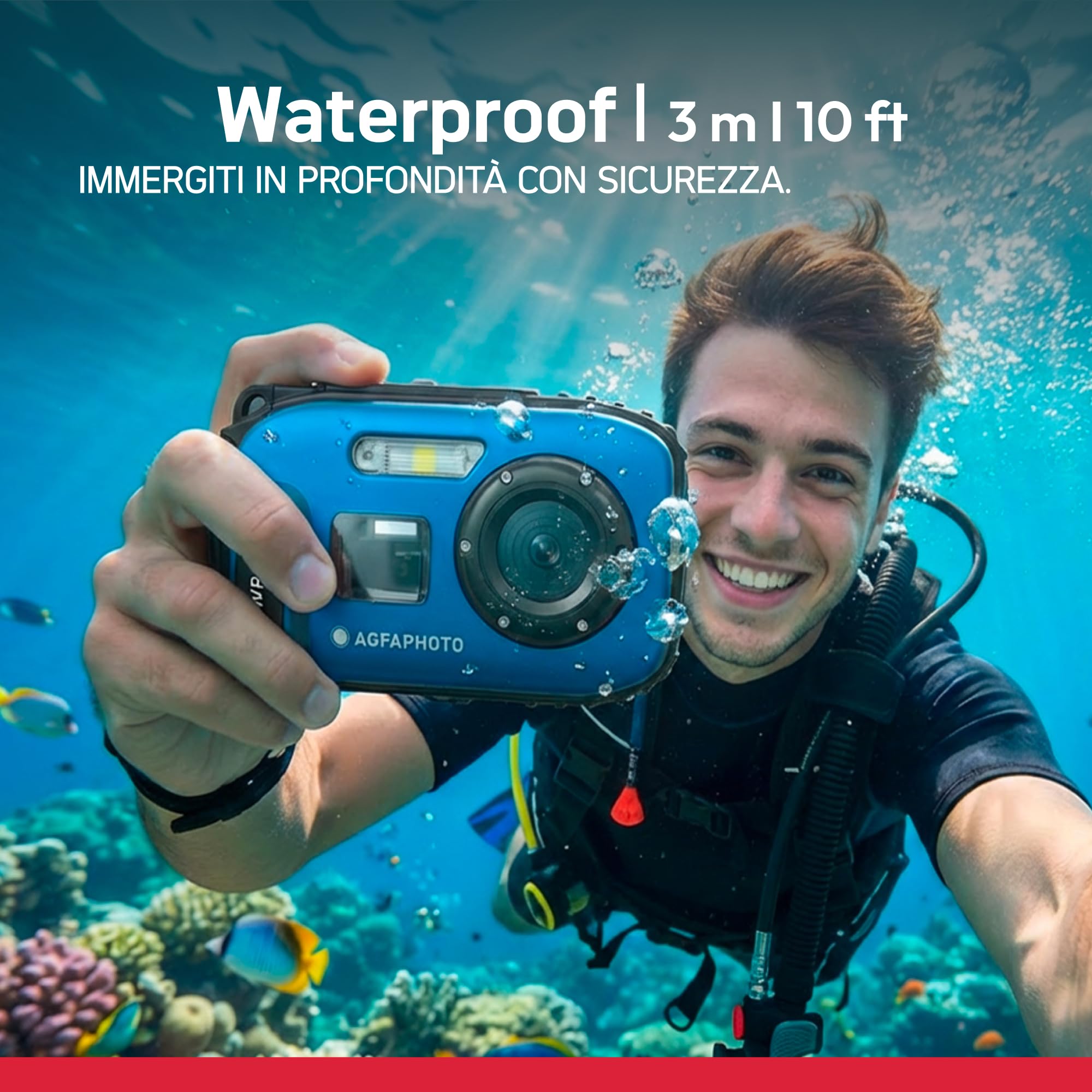 AGFA PHOTO Realishot WP6000 - Fotocamera digitale impermeabile, 3 m/10 piedi, 18 MP, video HD, schermo LCD da 2,4”, zoom digitale 16x, autofocus, specchietto per selfie, batteria al litio - Blu