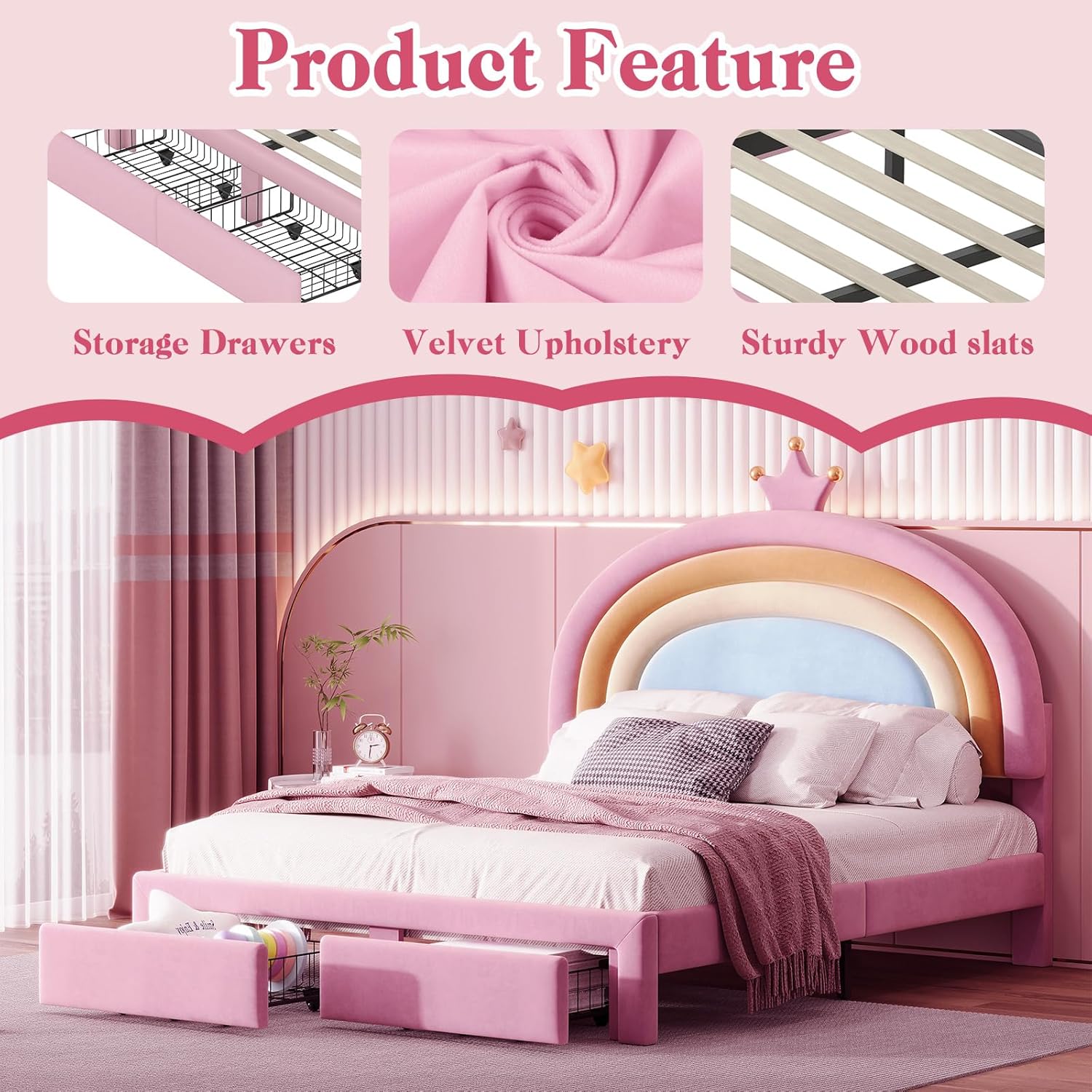 Pink Full Princess Bed Frame for Girls - Upholstered Platform Bed with Storage Drawers, Colorful Crown Headboard & Royal Decor, Kids Room Furniture (Full)