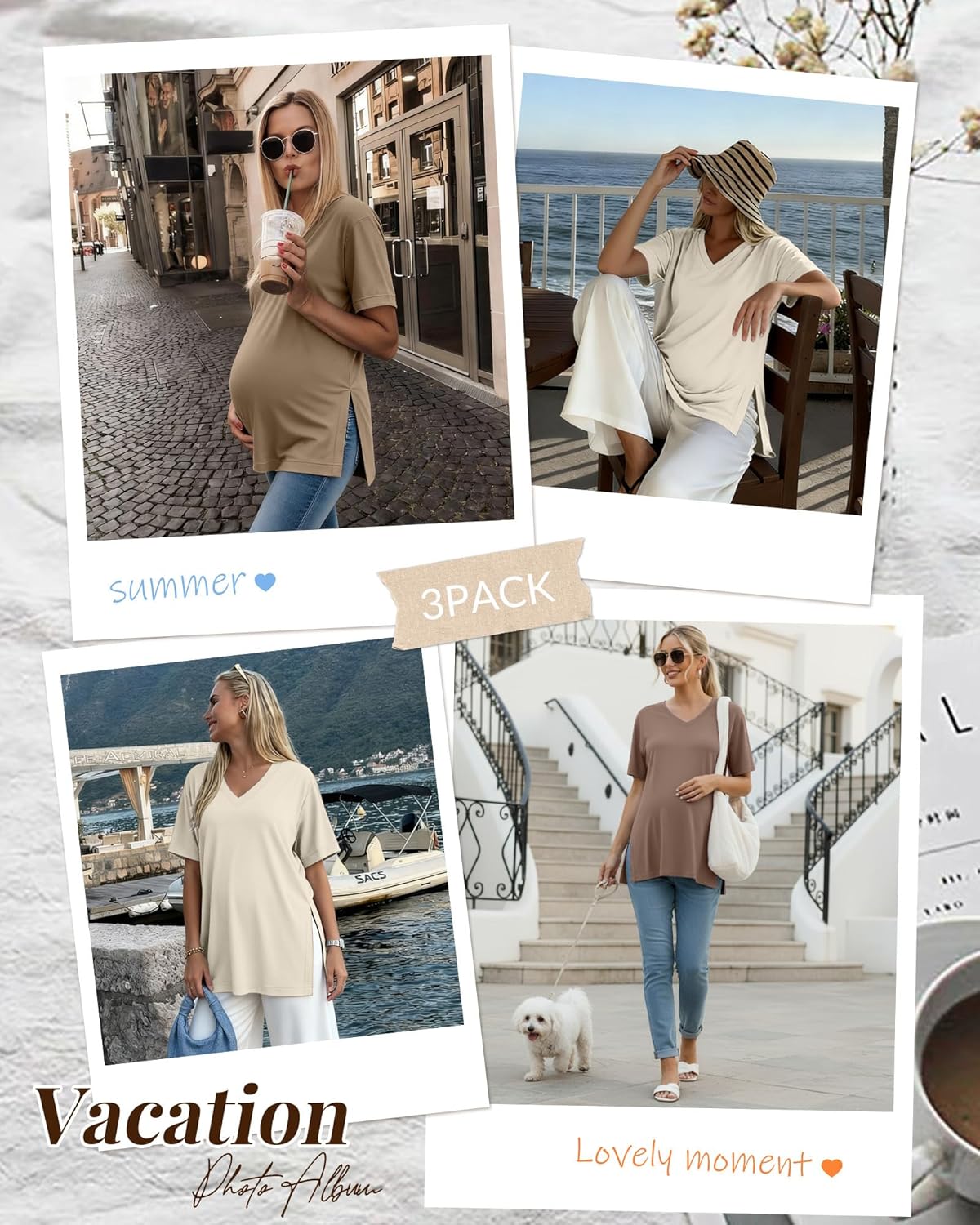 Ficerd 3 Pack Women's Maternity Shirts, Short Sleeve Cotton Pregnancy Tops Casual Split Side Tees V Neck Maternity Clothes - Image 3