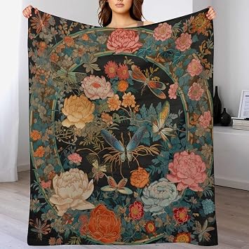 ArogGeld 50x60in Animal Tiger Stripe Colorful Flower Flannel Throw Blanket Chinoiserie Floral Butterfly Warm Throw Blanket for Bed Home Decoraive Birthday Christmas Housewarming Gift