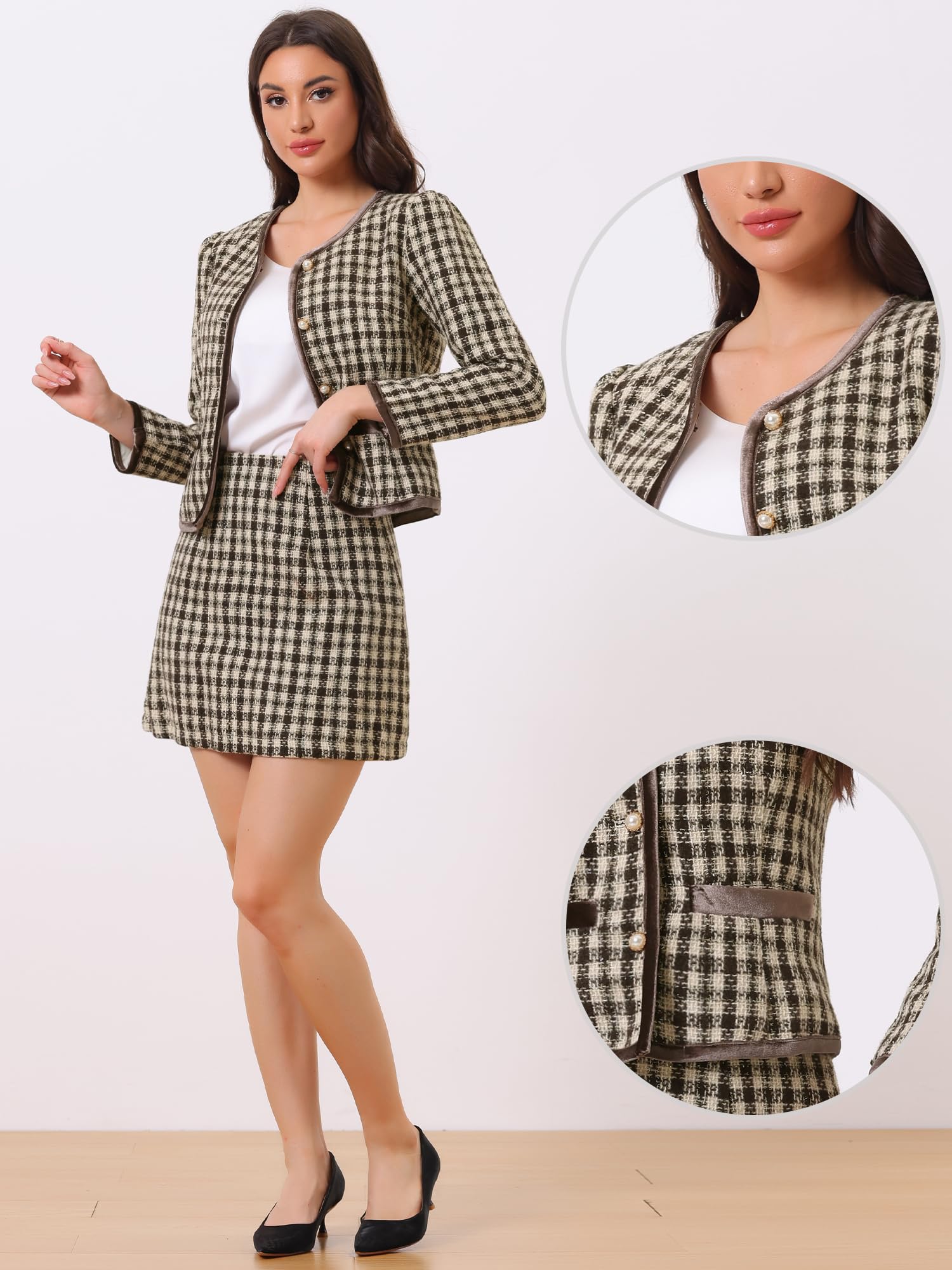 Allegra K Ensemble de Costume pour Femme 2 pièces Tenues Plaid Tweed Court Blazer Veste et Ensembles de Jupe de Noël