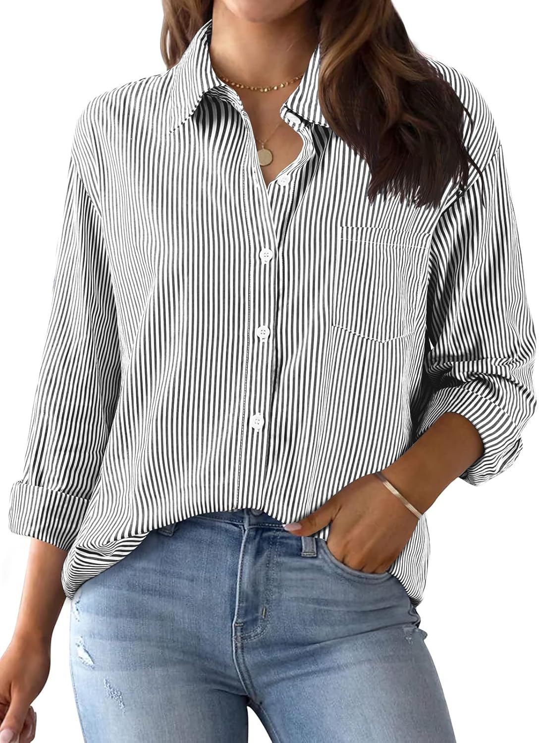 Xnova Women’s Striped Button Down Shirts Collared, Classic Cotton Blouse Tops V Neck with Pocket, Long Sleeve Pinstripes Oversized Blouses T-Shirts Office Work Casual