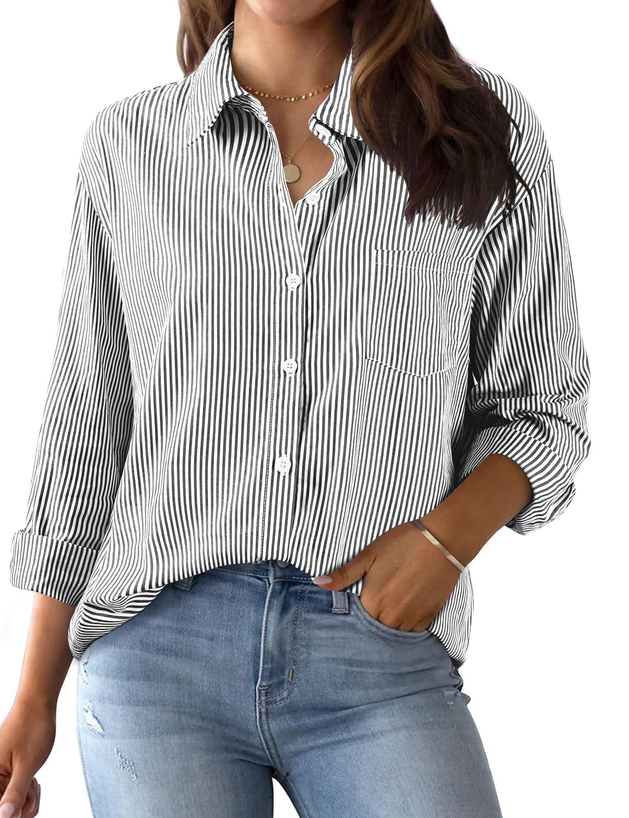 Xnova Bluse Damen Langarm Gestreifte, V Ausschnitt Button Down Hemd Oberteile Tops Baumwolle Streifenbluse, Elegante Hemdbluse Blusenshirt Casual Büro Basic Shirt Business Outfit