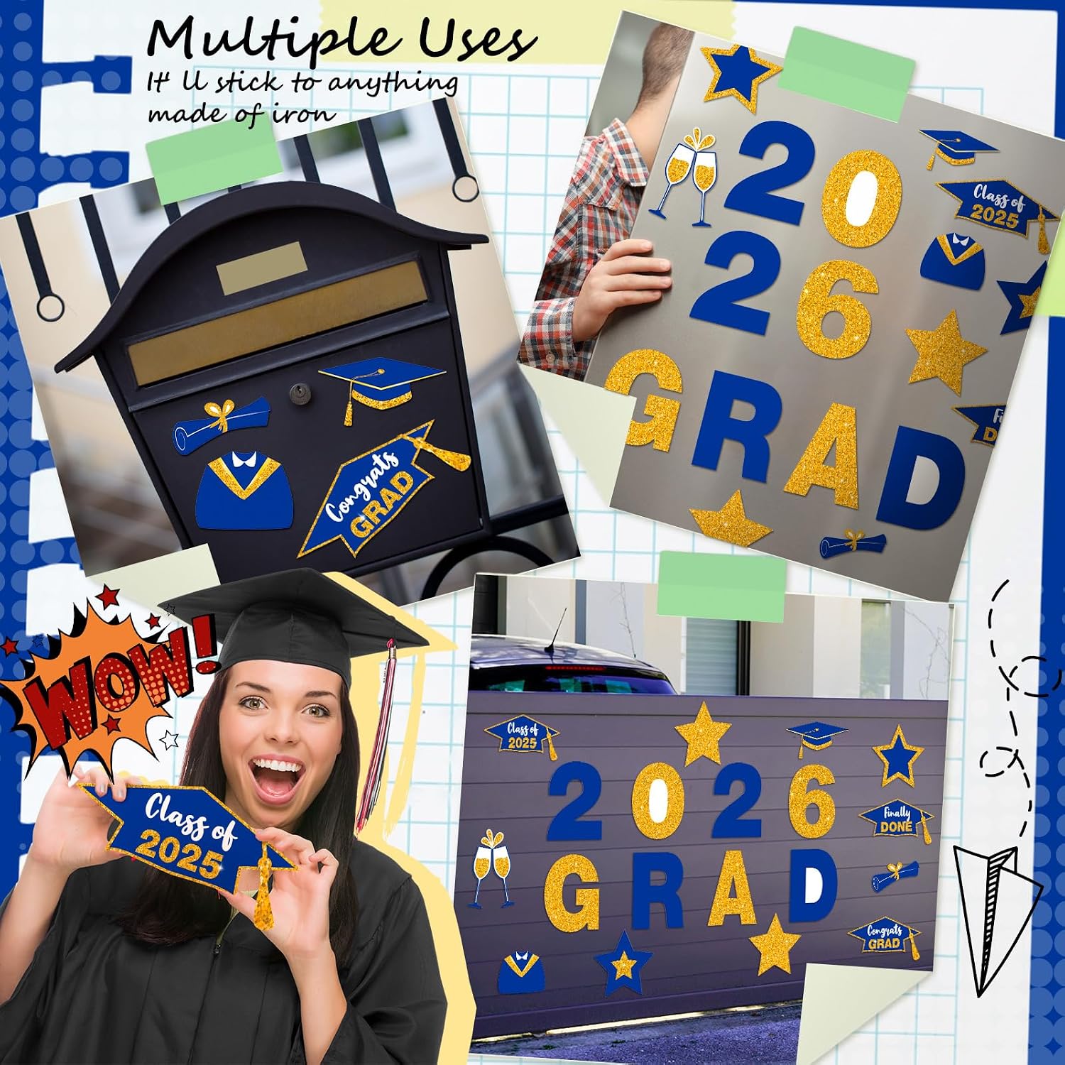 Ferraycle 19 Pieces Graduation Cruise Magnets 2026 Graduation Car Decorations Waterproof Grad Refrigerator Magnetic Decals Stickers for Party Garage Door Decoration Cars Bumper(Blue and Gold)
