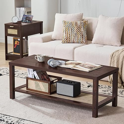 Miniatura 10 de Lerliuo Mesas de centro boho para sala de estar, mesa central de ratán con estante de almacenamiento abierto, color marrón té Marrón Té.,Madera