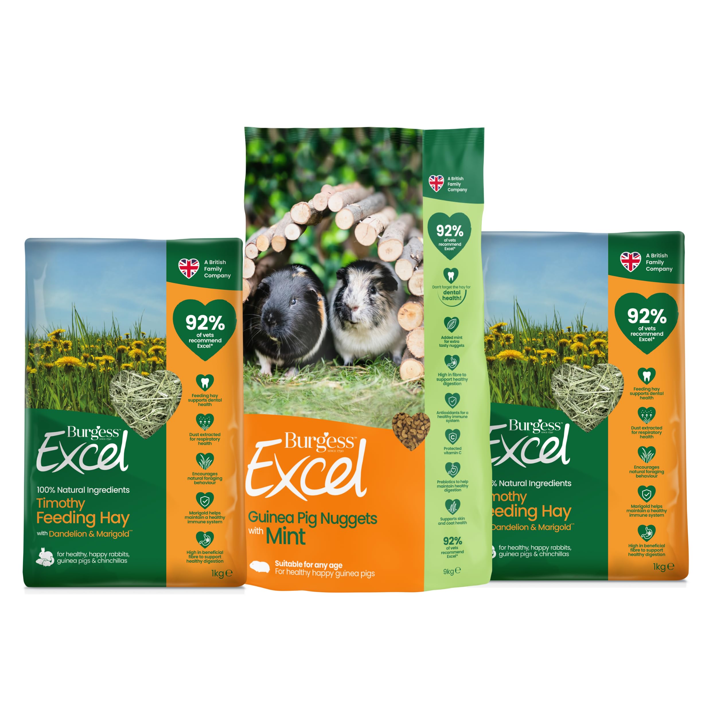 Burgess Excel 3KG Guinea Pig Food & 2KG Feeding Hay Bundle – Guinea Pig Nuggets and Dandelion & Marigold Feeding Hay for Guinea Pigs – Dust Extracted Hay & Guinea Pig Pellets