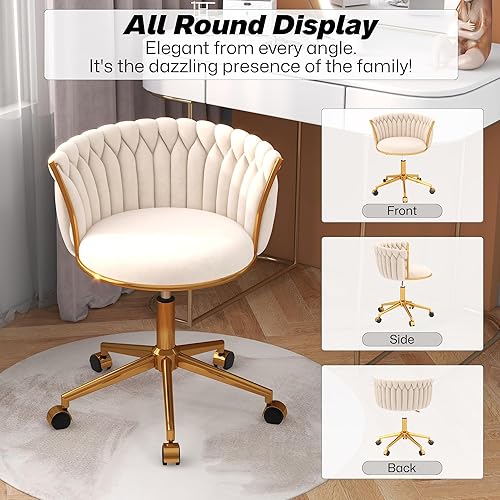 Miniatura 7 de Silla de oficina en casa tejida de terciopelo, moderna silla de escritorio giratoria con ruedas, silla de tocador ajustable en altura con base de