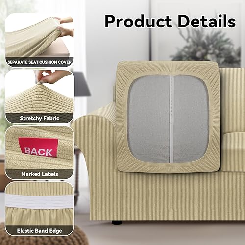 Miniatura 5 de Funda para sofá 100% impermeable, juego de 4 piezas, funda de sofá a rayas para sofá de 3 cojines, con parte inferior de TPU a prueba de fugas,
