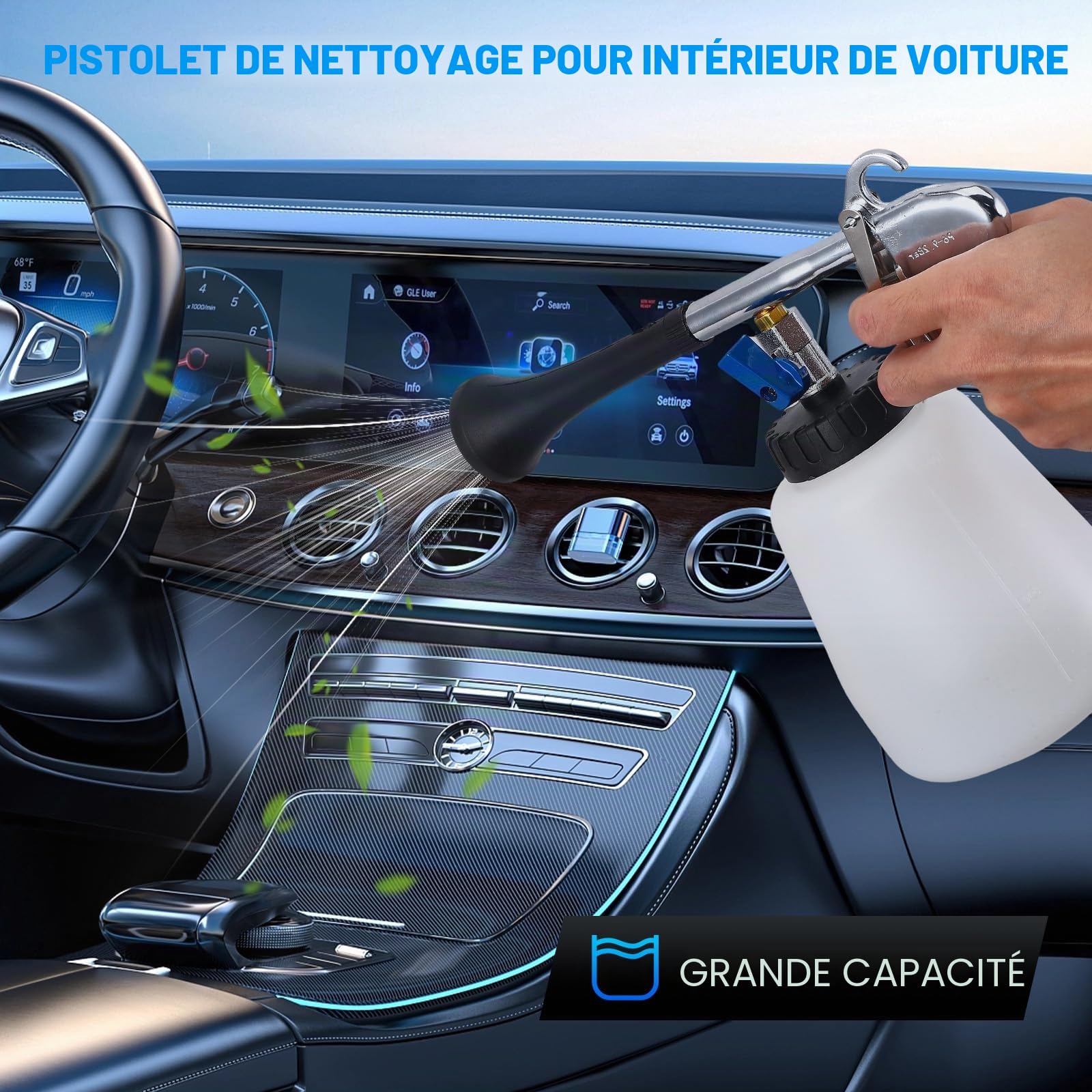 Pistolet de nettoyage à air comprimé avec effet tornade - Pistolet de nettoyage haute pression pour voiture, atelier et maison - Kit tout-en-un avec réservoir d'eau de 1 l, 2 buses et accessoires