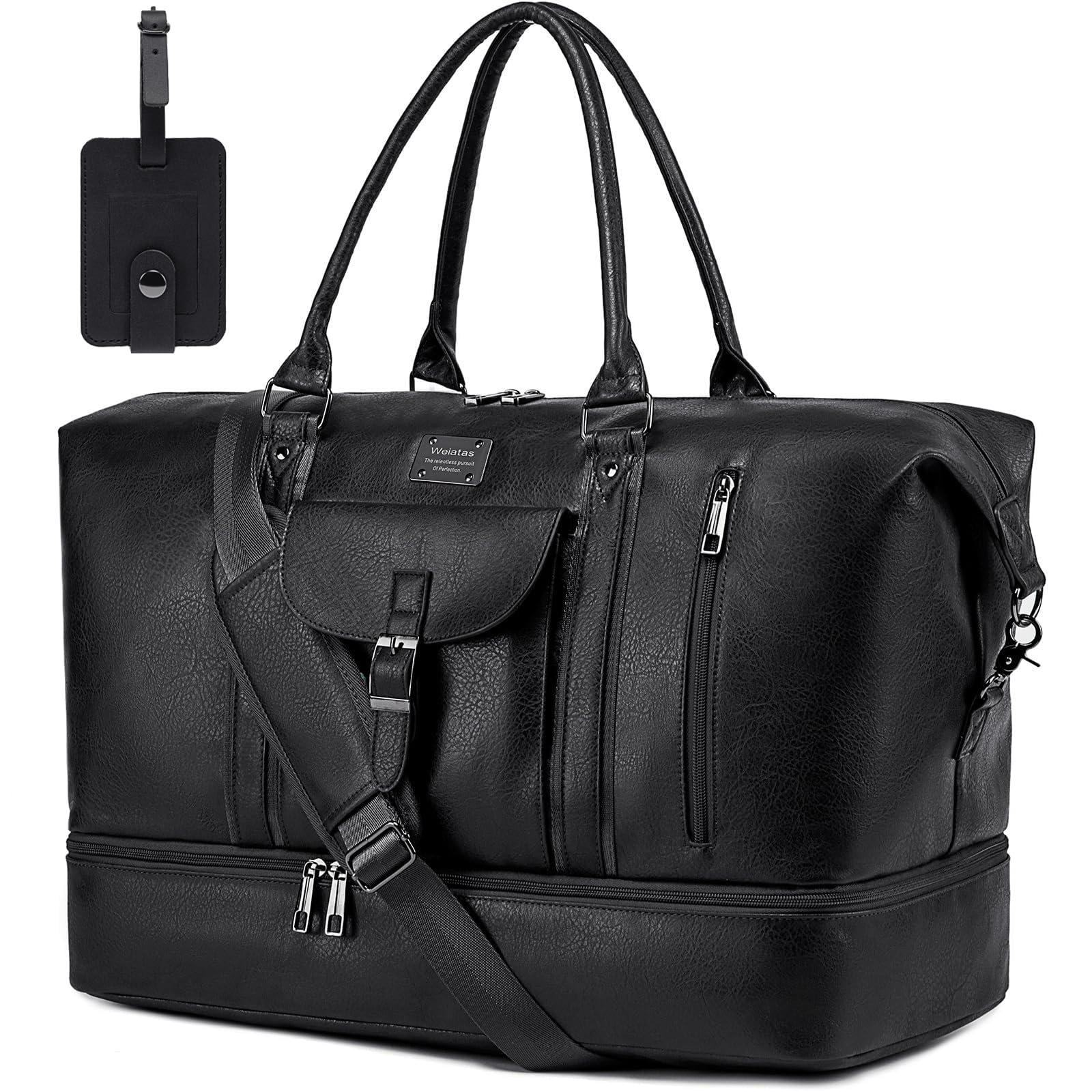 weiatas Faux Leather Travel Duffel Bag for Women Men Large Weekender Overnight Bag with Shoes Compartment Waterproof Carry