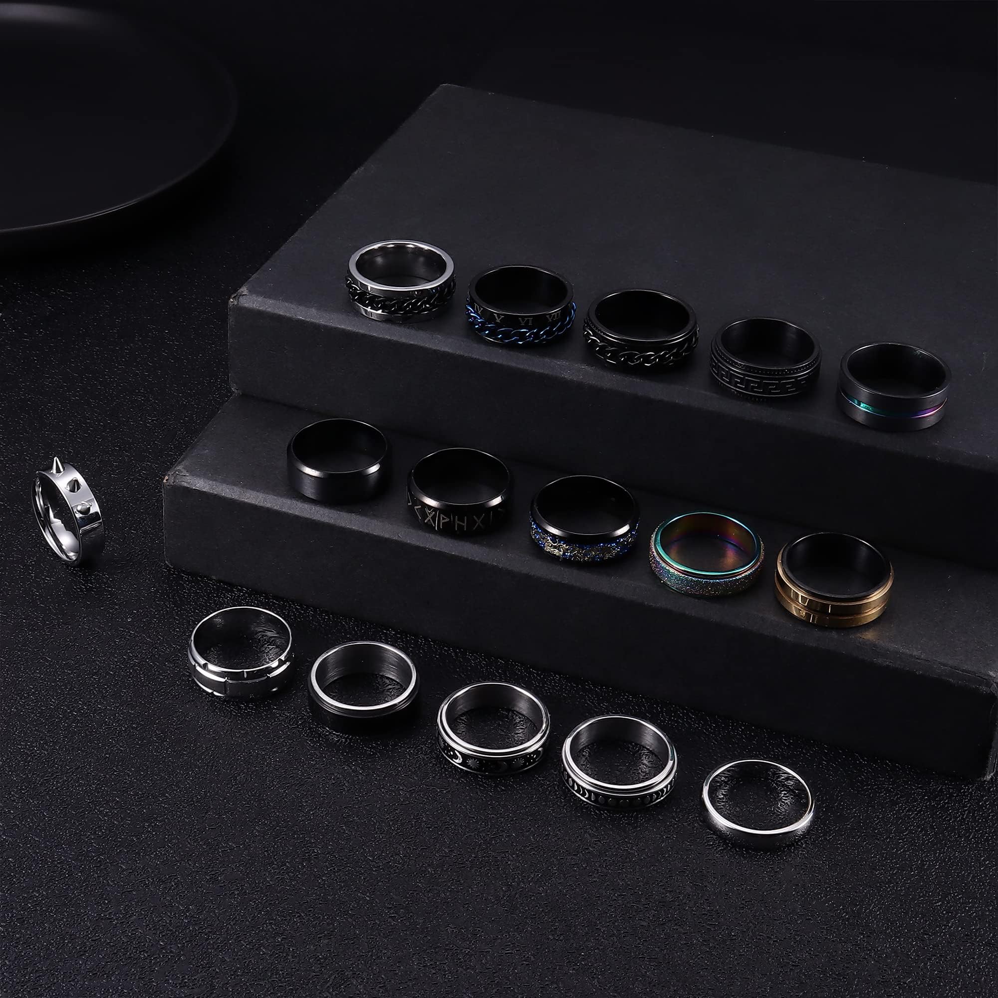 FIOROYAL 16 Piezas Hombres Anillos Acero Inoxidable Plata Negro Banda Cadena Giratorio Anillo Alivio del Estrés Anti Fidget Anillos Boda Compromiso Anillo para Hombre Negro-30