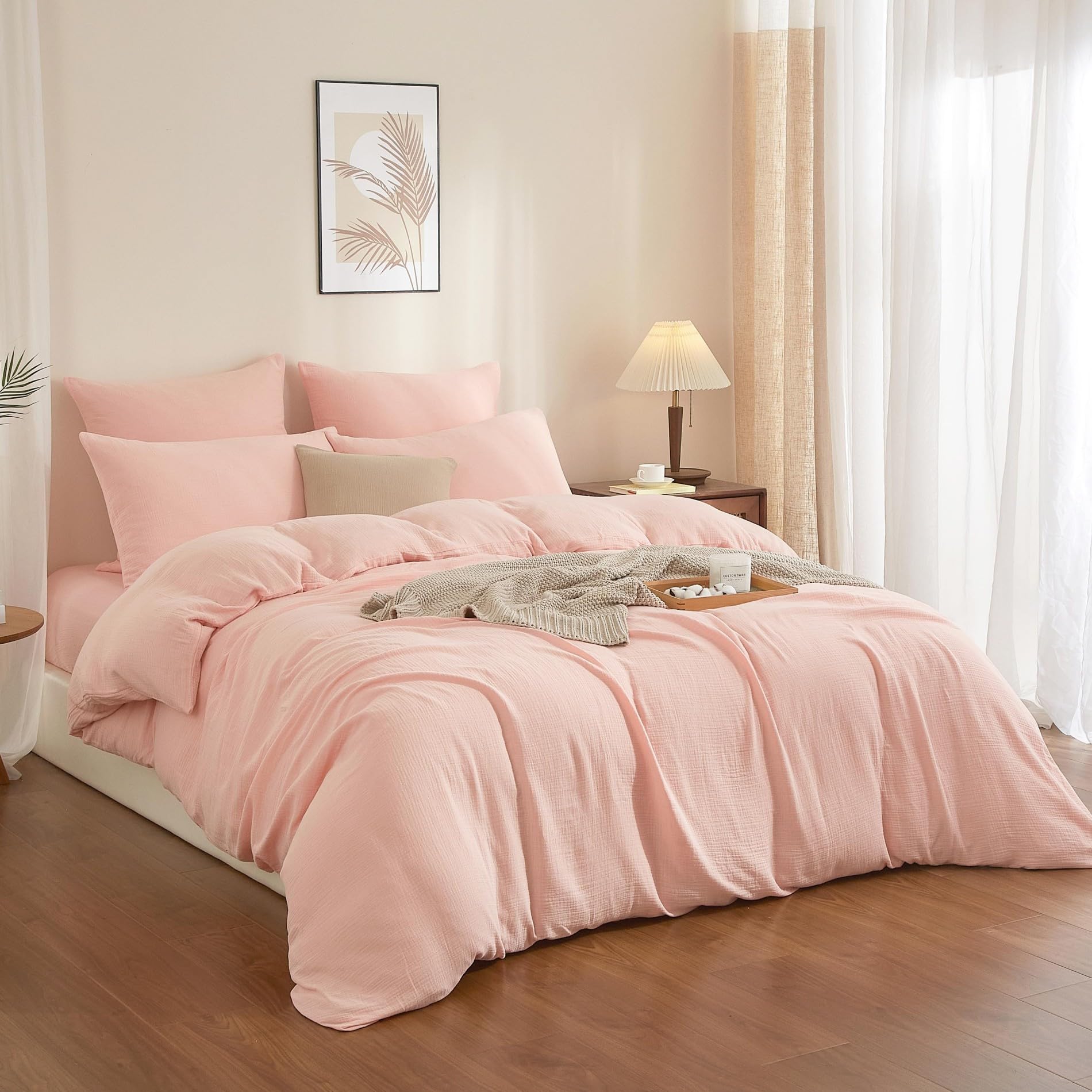 Doppelte Muslin Bettwäsche 135x200 Rosa 100% Baumwolle Bettwäsche Muslin Weich Atmungsaktiv Kuschelige Bettbezug Set 2teilig mit Reißverschluss und 80x80 cm Kissenbezug