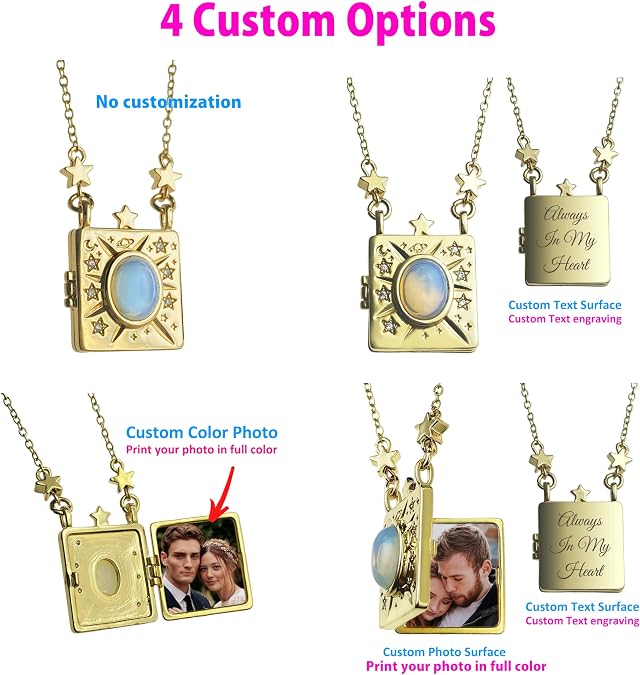 Personalized Color Print Photo Locket Custom Text Engraved Pendant Gold Tone Opal Star Moon Charm Necklace Gift