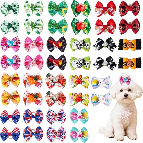 Comsun 42 piezas (21 pares) Juego de arcos para el pelo de perro festivos, arcos adorables para el pelo de cachorro de poliéster con bandas de goma,