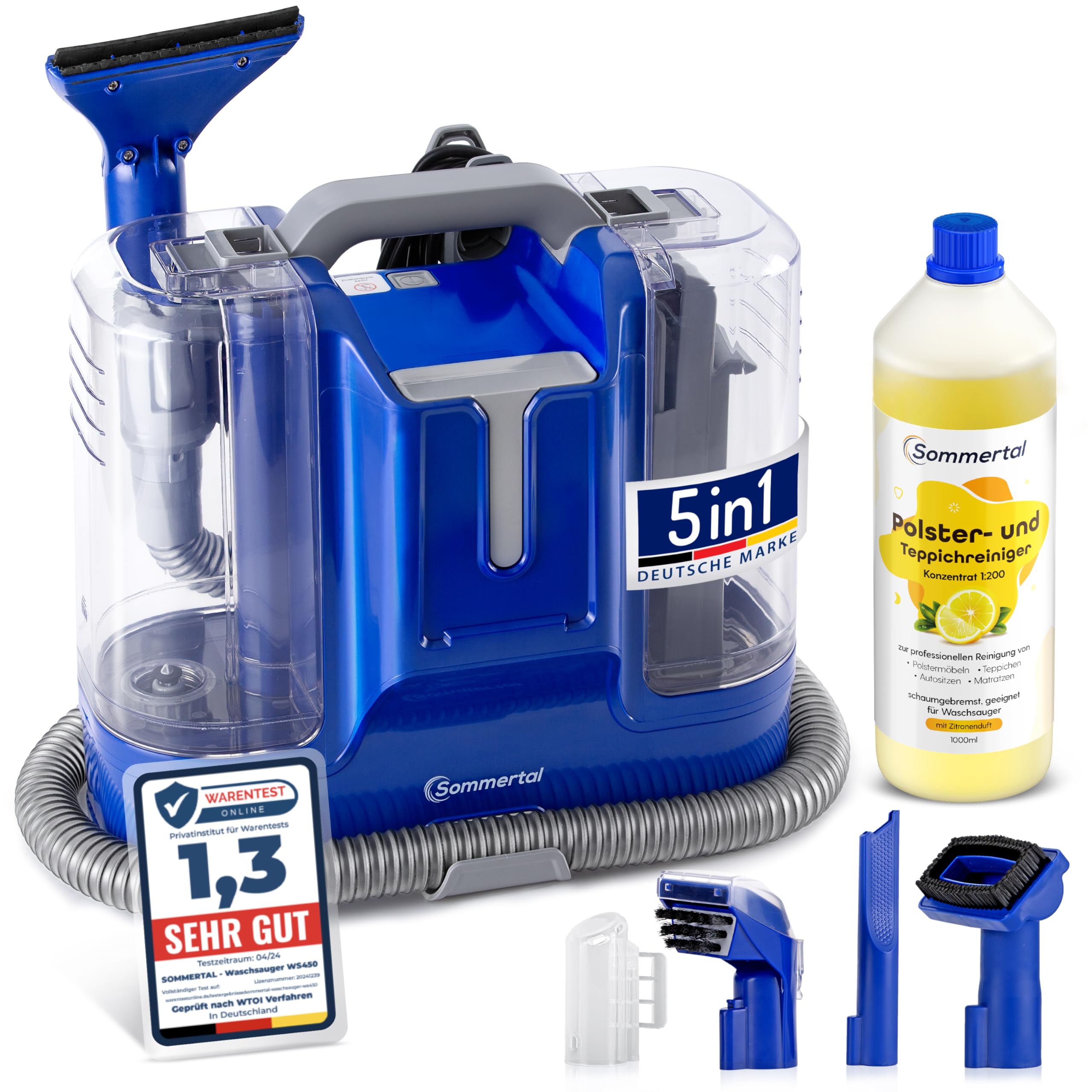 SOMMERTAL MultiCleaner WS450 5in1 inkl. 1L Polsterreiniger, Gerät für Teppiche, Treppen, Polster, Sofa, Auto, Tiere, Flecken, Leistungsstarker 450w Motor, Waschsauger, Zubehör, Selbstreinigung