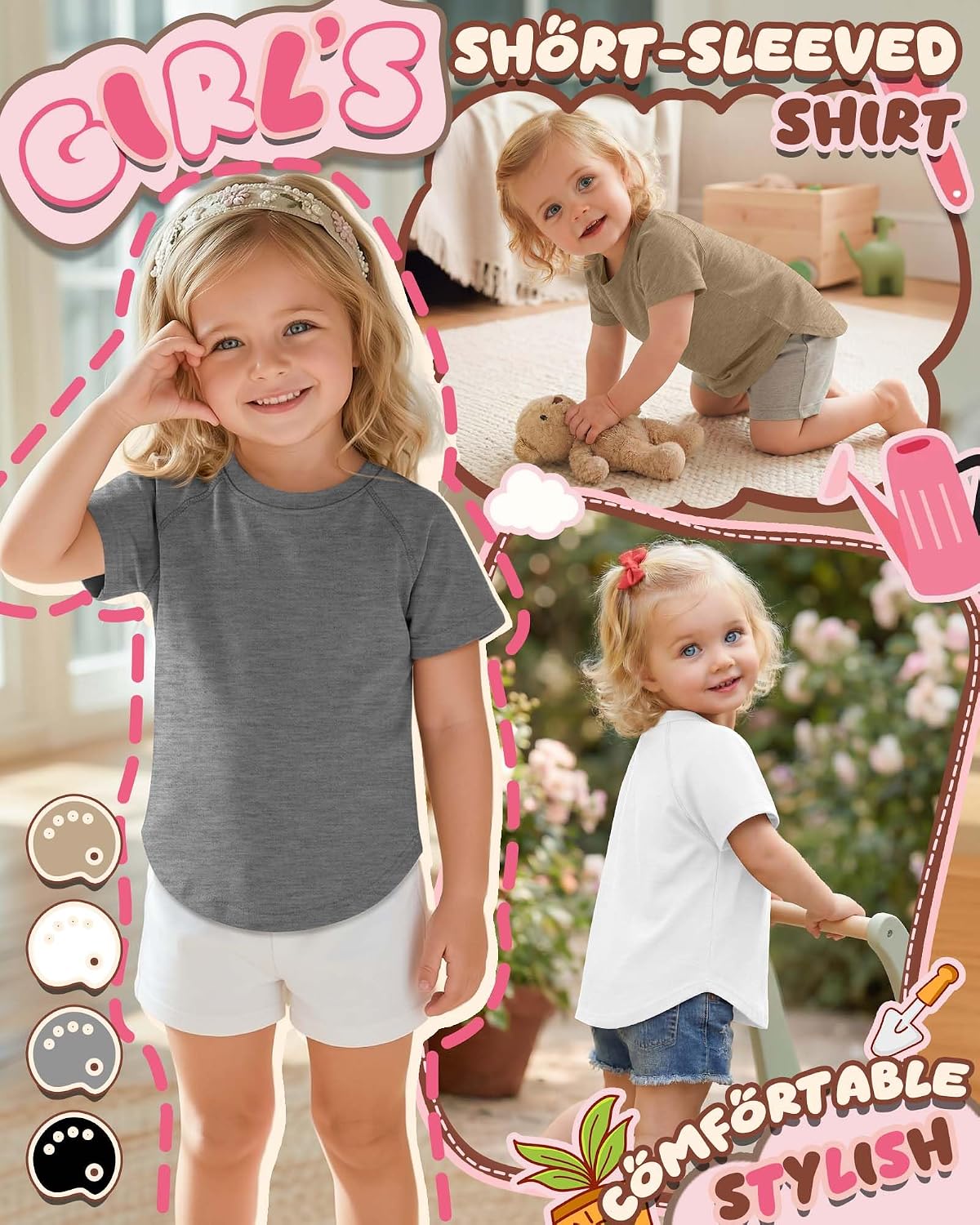 4 Pack Toddler Girls' Short Sleeve Shirts Raglan Crew Neck Tops Curved Hem Loose Casual Tshirts Baby Kids Basic Tees