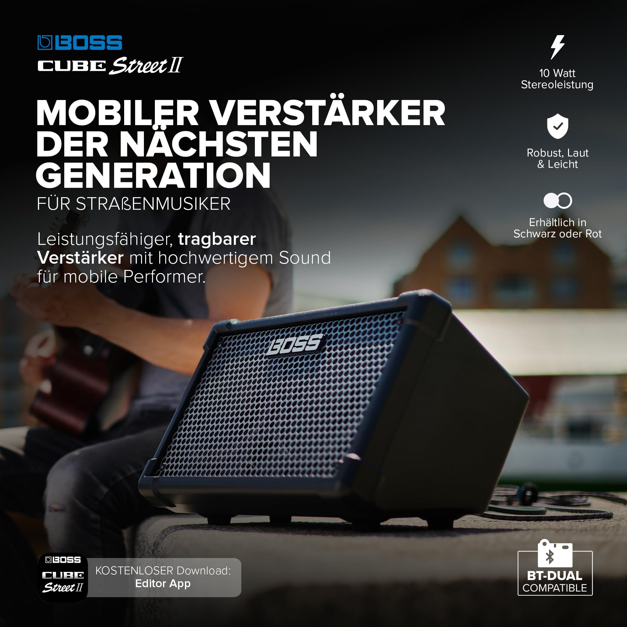 BOSS Cube Street II | Tragbarer batteriebetriebener Stereoverstärker | Hochwertiger Sound | Perfekt für Straßenmusik | Anschluss von Mikrofonen, Instrumenten & Audiogeräten | Schwarz