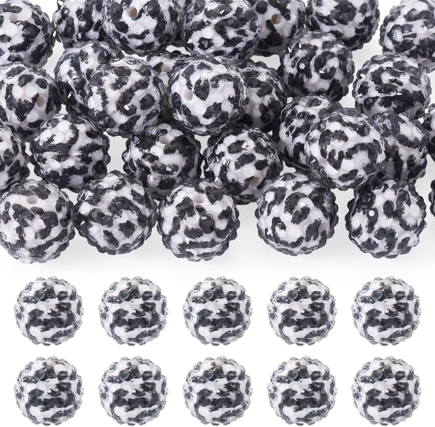 FASHEWELRY 30pcs Leopard Print Resin Rhinestone Bubblegum Beads 18mm Round Disco Gumball Animal Bead Baseball Necklace Beads for Beadable Pen Lanyards Keychain Jewelry Making Supplies White Black