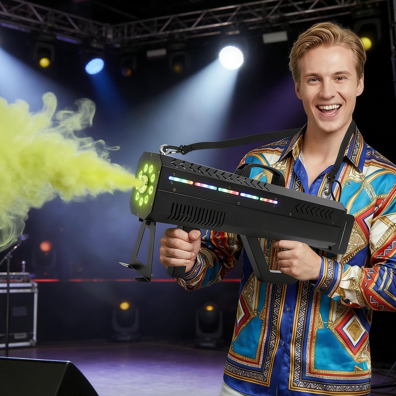 Handheld Nebelmaschine 1500W mit RGB LED-Lichtern, Schultergurt & Ständer | tragbar Rauchmaschine für DJ, Disco, Hochzeiten, Halloween, Stimmungsvolle Effekte für Partys und Bühnen