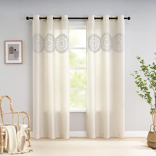 Jubilantex Natural Linen Embroidered Window Curtains 2 Panels, Farmhouse Grey Floral Medallion Pattern Embroidery Grommet Top Rustic Window Drapes for Living Room Bedroom, 42x84 Inch