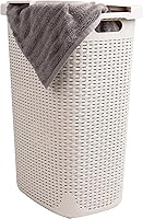 Mind Reader 60L Slim Laundry Hamper with Lid - Wicker Style Plastic Basket for Tight Spaces, Bathroom & Closet, Ivory