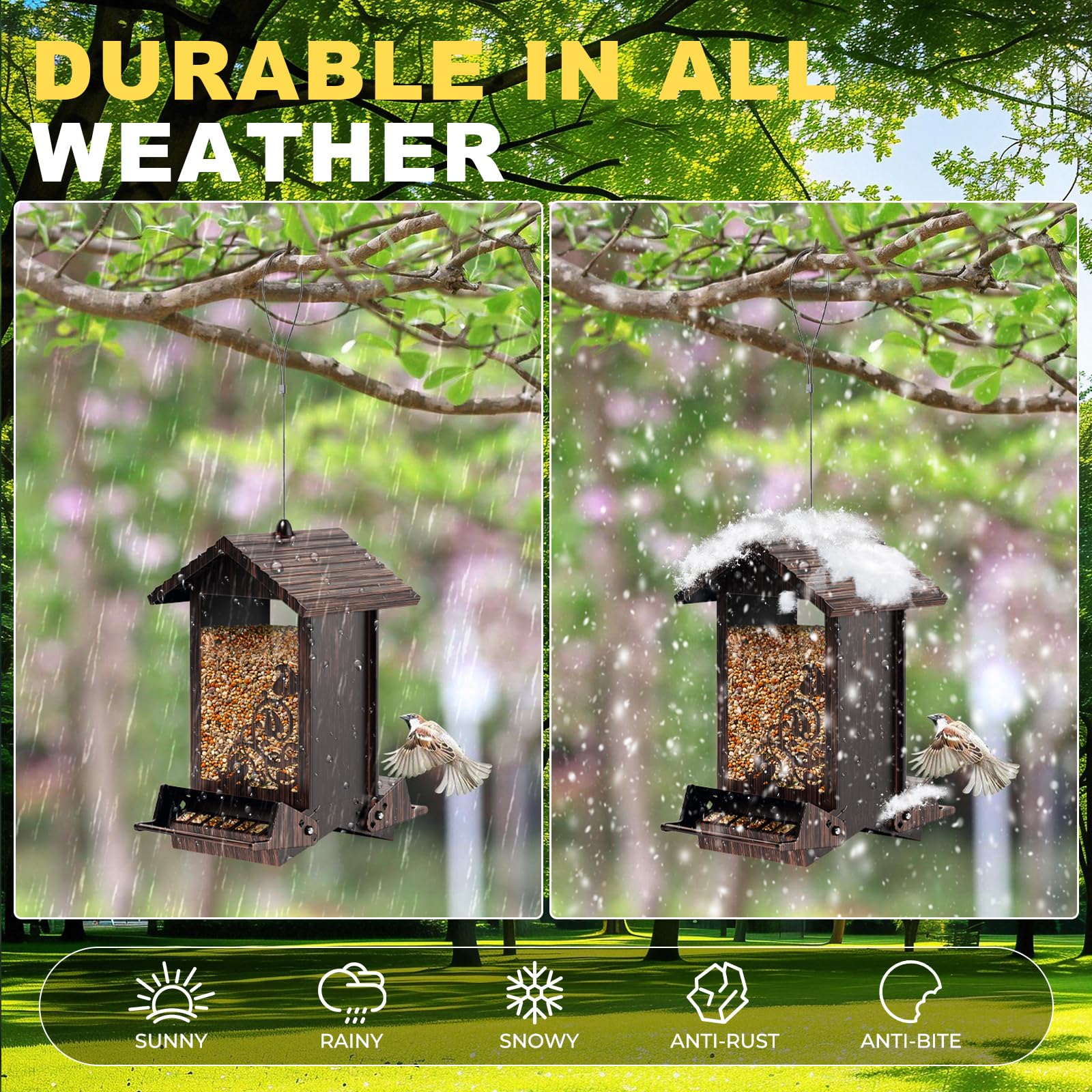 Comedero para pájaros a prueba de ardillas para colgar al aire libre, comedero de semillas de pájaros de metal con perchas bilaterales activadas por peso, comederos de pájaros silvestres de gran