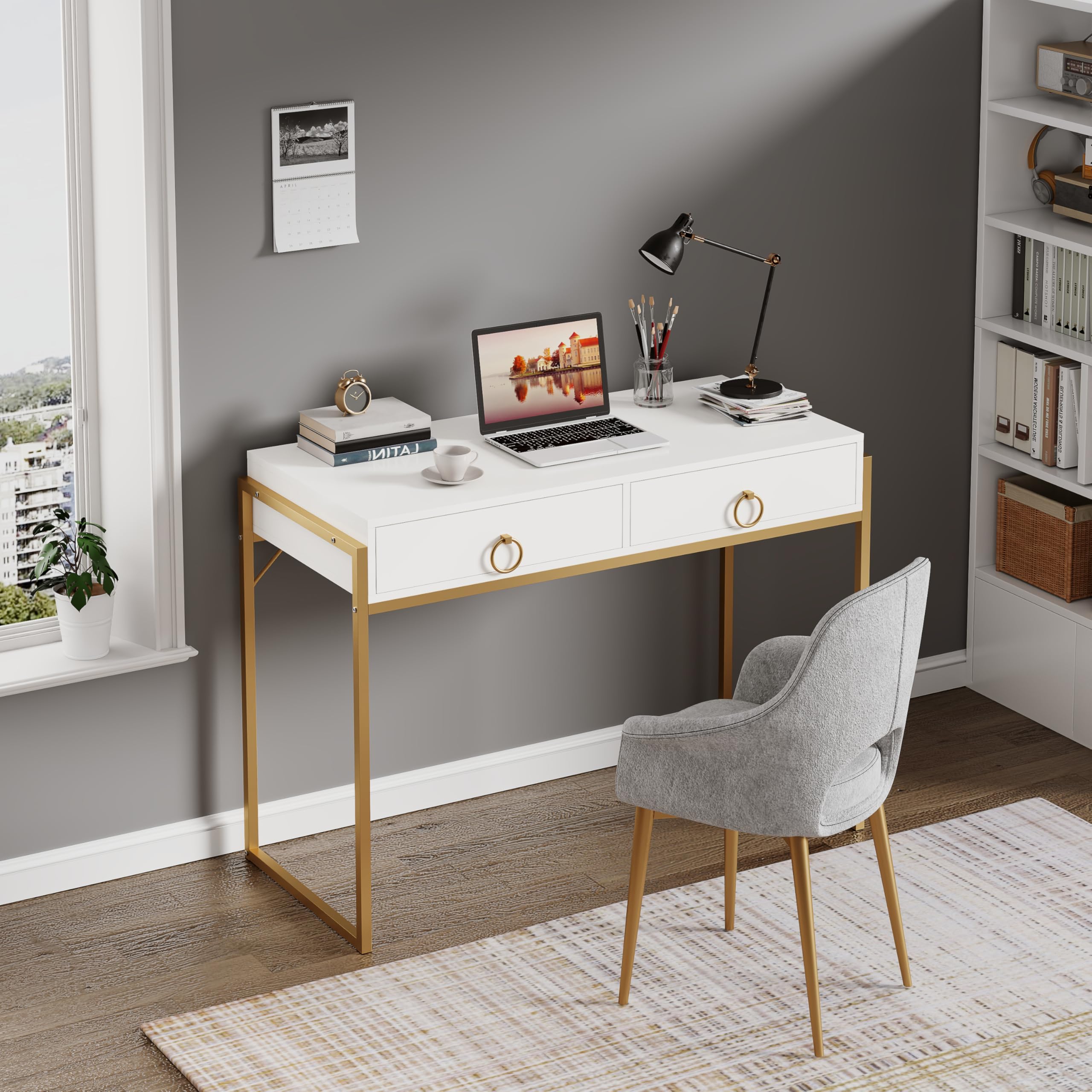 Scrivania per computer con cassetto, tavolo da toeletta da 106,7 cm per camera da letto, piccola scrivania per casa e ufficio, tavolo da toeletta moderno con contenitore, bianco