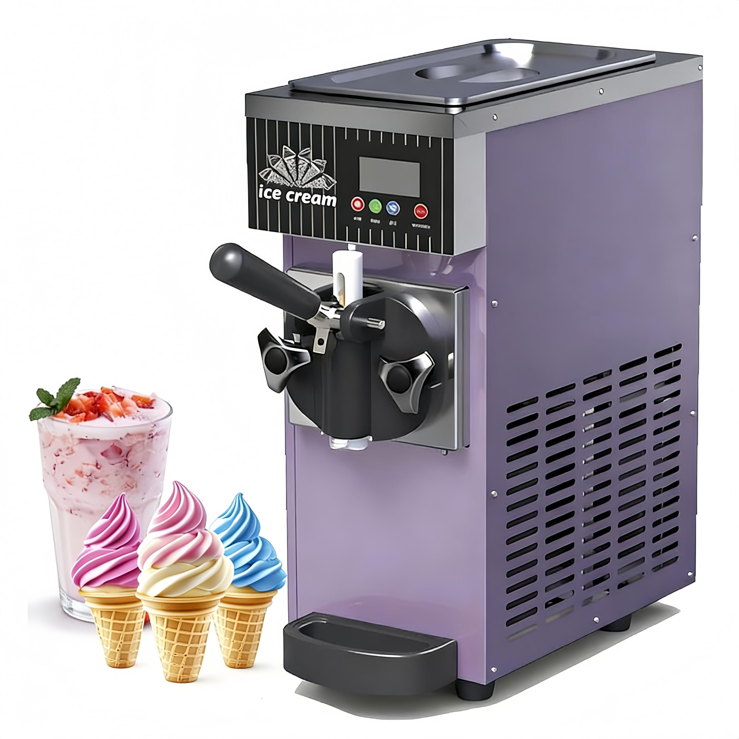 MáQuina Helado,Profesional Heladera Soft Serve,MáQuina de Helado de Un Solo Sabor, Rendimiento de 7,5 L/H, Preenfriamiento,Autolimpieza,Panel LCD para El Hogar Y Negocios. Purple