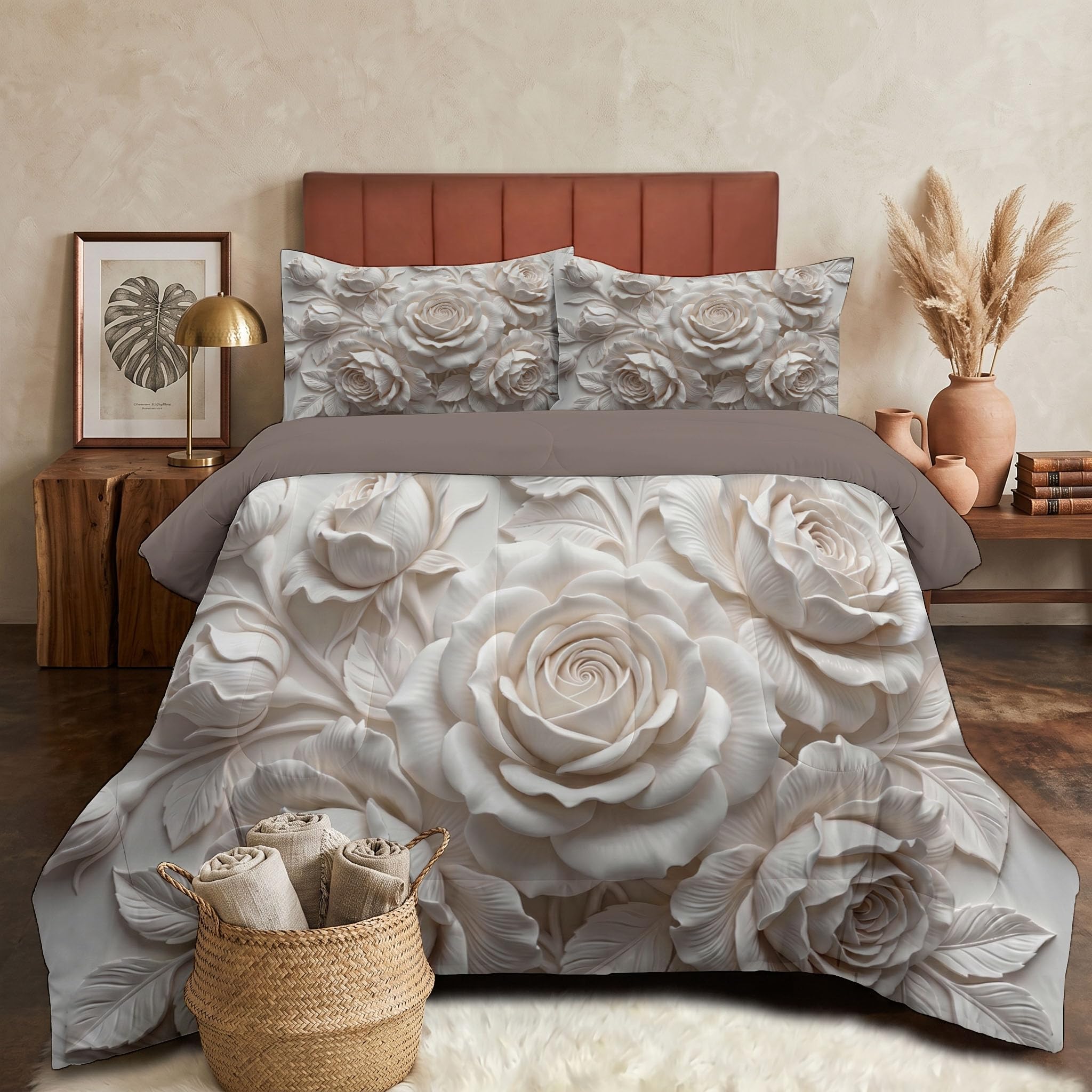 Piumone 2-In-1 Letto Singolo 140X200 Cm Rilievo Tridimensionale Di Una Rosa Elegante | Trapunta E Piumino Reversibile 4 Stagioni, Arte Botanica Nordica, Copriletto Lavabile Morbido Leggero, Beige