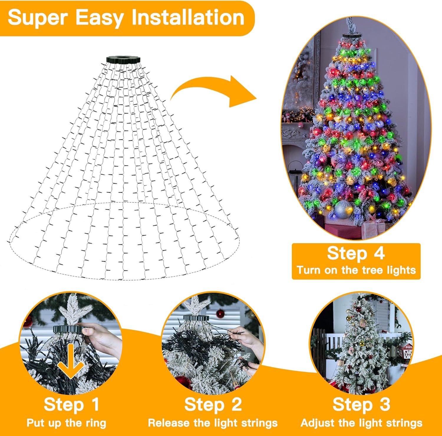Ollny Christmas Tree Lights 400LED 8.2ft*16 Strings with Ring, 8 Lighting Modes 3 Timers Dimmable Christmas Lights Indoor/Outdoor with Remote, Waterproof for Xmas Decor (Multicolored)