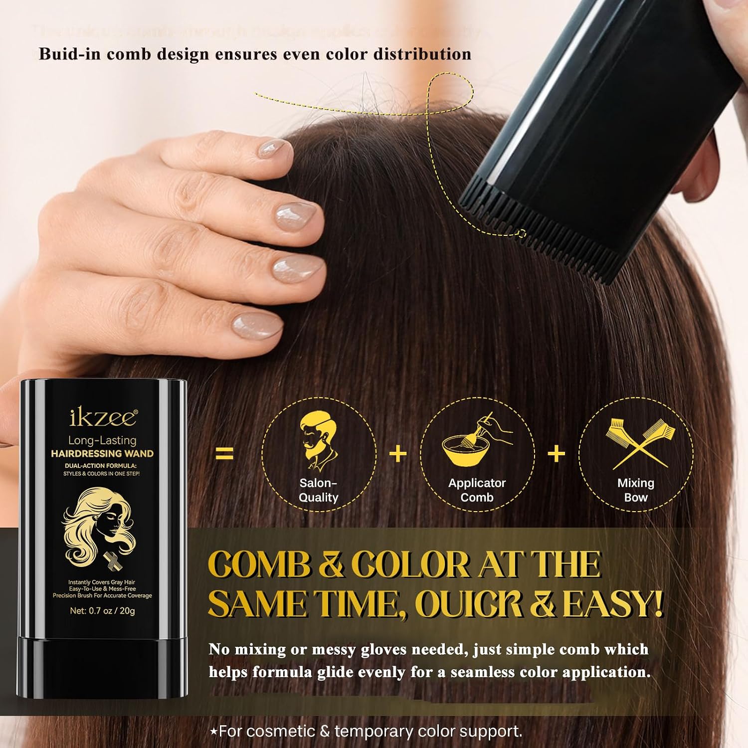 Hair Color Stick, Portable Hair Dye Comb for Gray Hair Coverage, Waterproof and Sweat-Proof Instant Root Touch-up Hair Sticks with Comb (DARK BROWN)