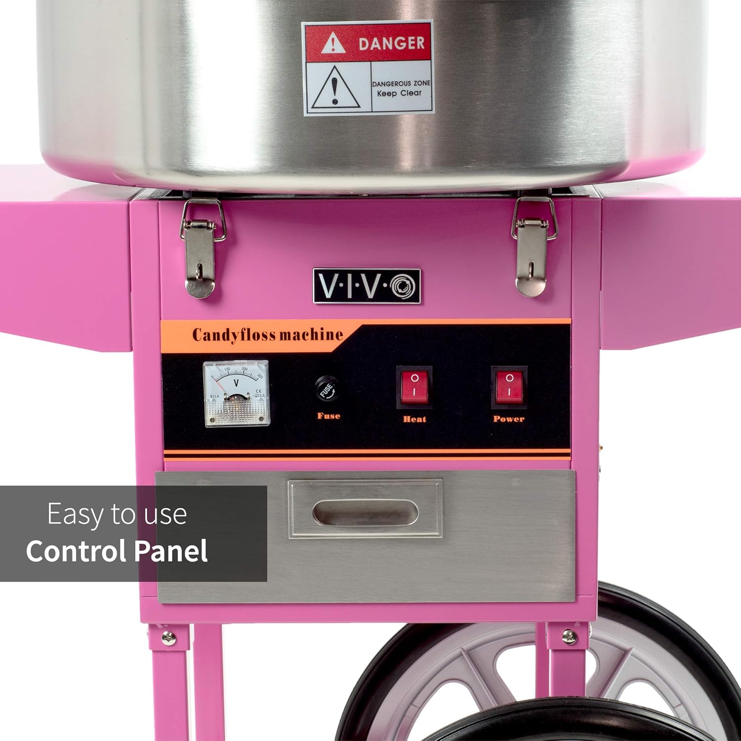 VIVO Pink 1030W Electric Cotton Candy Machine Cart, Mobile Rolling Candy Floss Maker, 20 inch Stainless Steel Bowl, Bubble Shield Cover Sugar Scoop and Drawer, Easy Home or Commercial Use, CANDY-KIT-2