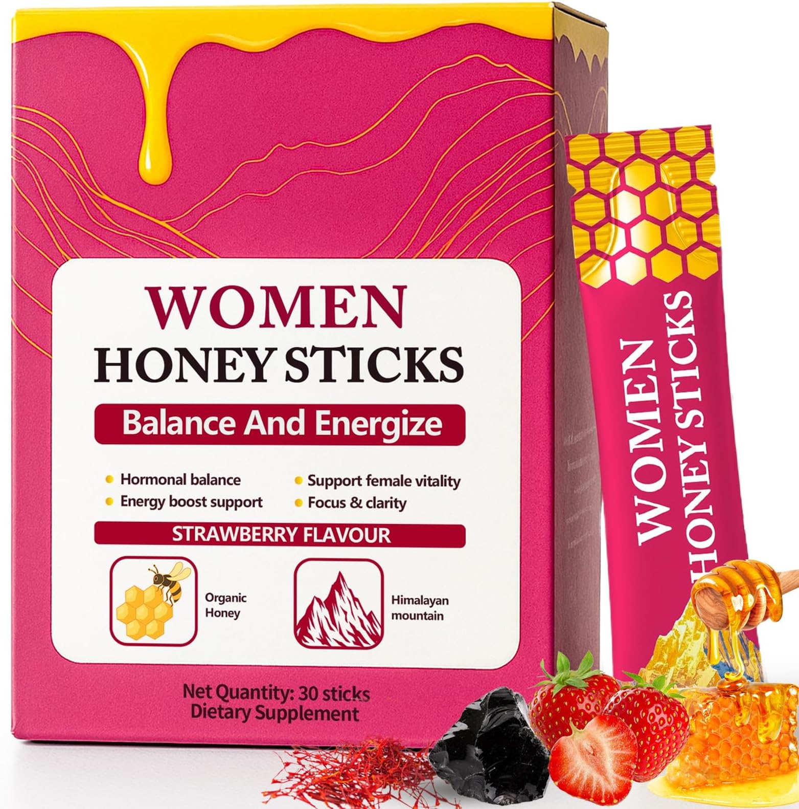 Shilajit Honey Sticks for Women, Hormonal Balance & Energy with Shatavari & Saffron for Focus & Stamina, Women Multi-Mineral Honey Sticks, Strawberry Honeysticks | No Artificial Additives - 30 Sticks