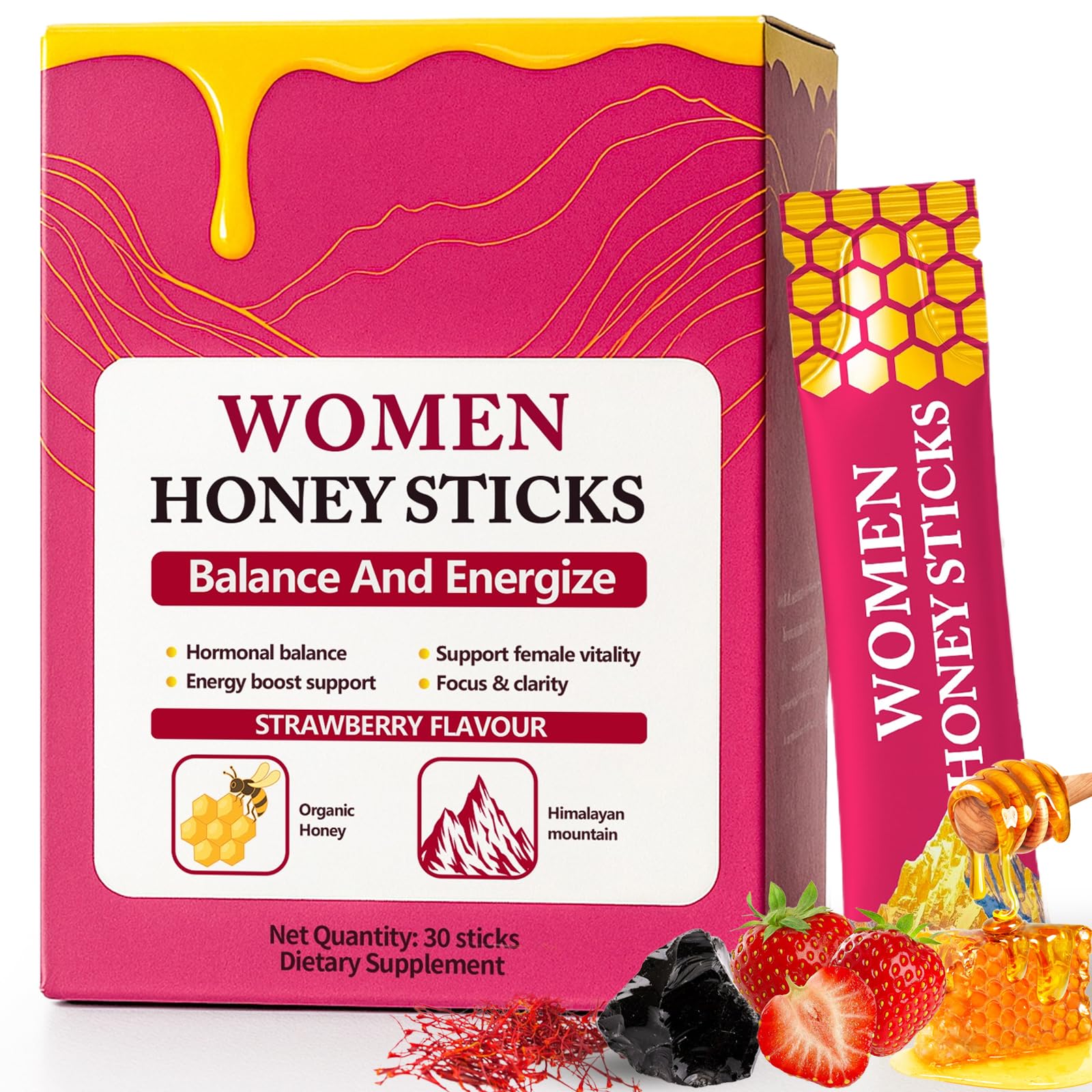 Shilajit Honey Sticks for Women, Hormonal Balance & Energy with Shatavari & Saffron for Focus & Stamina, Women Multi-Mineral Honey Sticks, Strawberry Honeysticks | No Artificial Additives - 30 Sticks