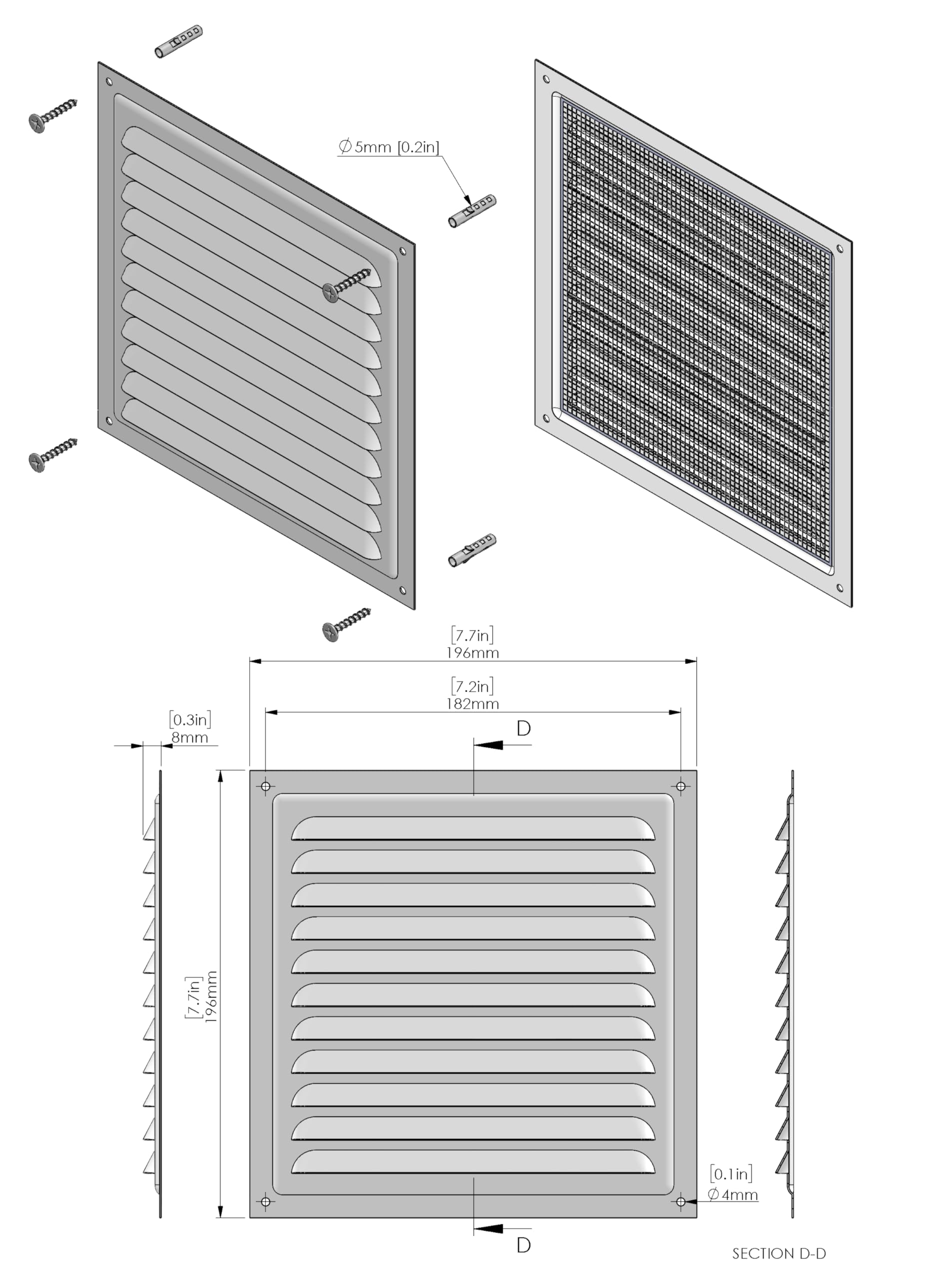 Metal Air Vent Cover, Galvanised Steel Ventilation Grille with Insect Mesh, Indoor & Outdoor Vent Grid, Low‑Profile 8 mm - Image 2
