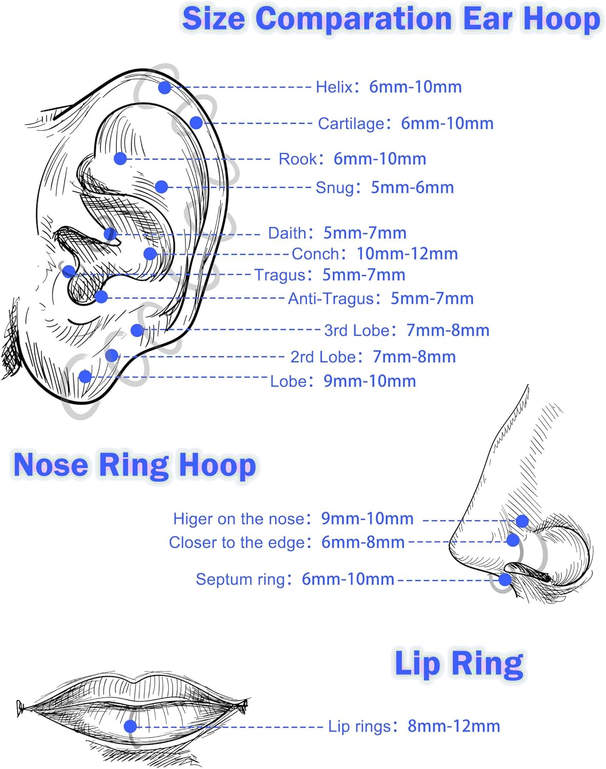Jewseen 20G 3PCS Nose Rings Hoops 316L Surgical Steel Opal Nose Rings for Women 8mm/10mm Septum Rings Clear CZ Daith Helix Tragus Conch Piercing Jewelry Cartilage Earring - Image 6