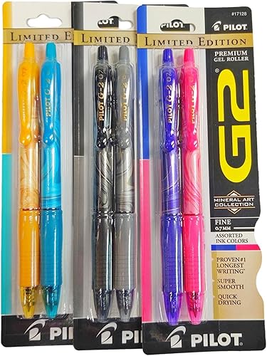 PILOT (3) G2 Mineral Art Limited Edition Gel Pens, Retractable, Rubber Grip, Fine Pt, 0.7mm, Assorted Colors 2-Packs
