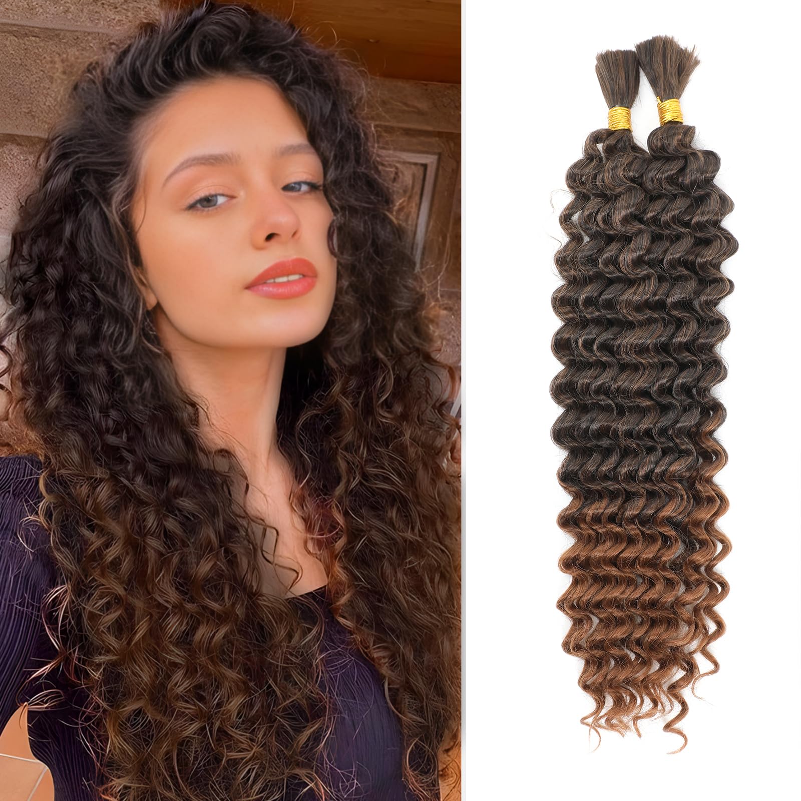 Deep Wave Bulk Hair for Braiding 18 Inch No Weft Deep Wave Bundles Curly Braiding Hair Extensions for Boho Braids and Wavy Braiding Hair 2 Braids per Pack (T30#