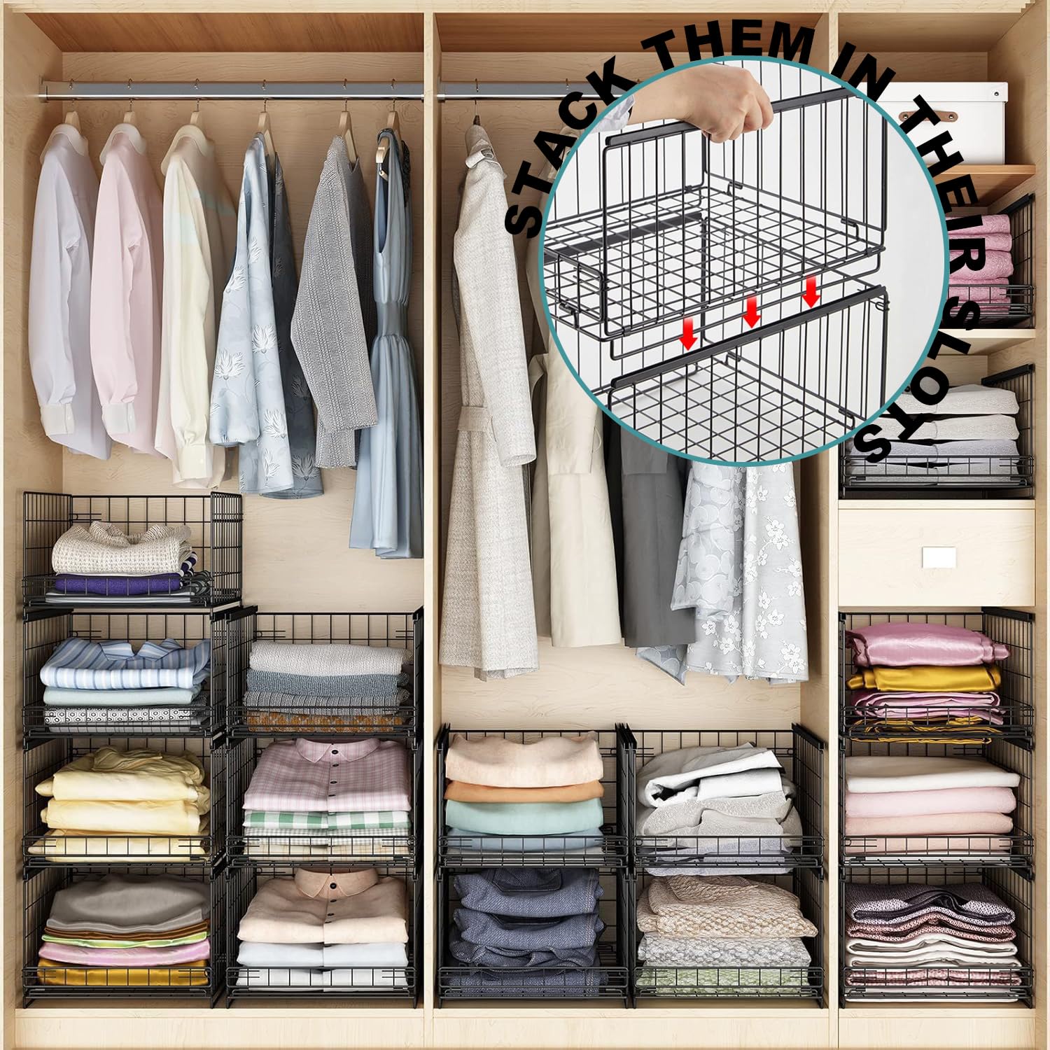 6 Stück Ordnungssystem Kleiderschrank，Schrank Organizer Kleiderschrank, Regal Metall Schrank Faltbare Aufbewahrung,Stapelbare Aufbewahrungsbehälter für Schrank für Garderobe,Wohnzimmer,Waschküche