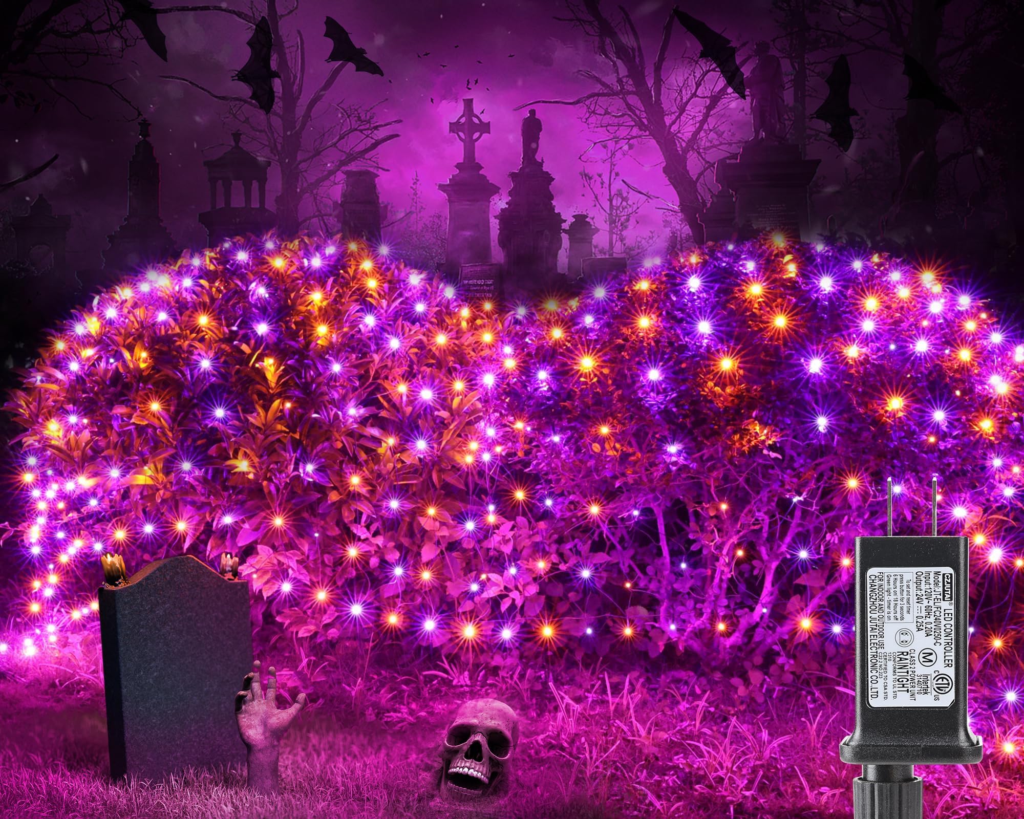 iBaycon 5ft x 5ft Halloween Net Lights Outdoor Mesh Lights, 8 Modes Timer Connectable Waterproof Orange Purple Bush Lights Mesh Netting Lights for Halloween Outdoor Decorations (Green Wire)