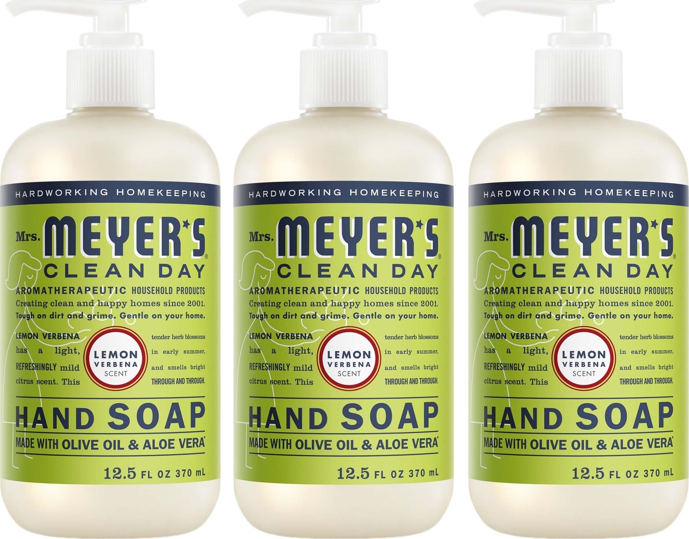 MRS. MEYER'S CLEAN DAY Hand Soap, Lemon Verbena Scent, 12.5 Fl Oz Bottle - 3 Pack | Moisturizing Liquid Hand Soap, Softens and Cleans Hands, Cruelty Free, Made with Essential Oils, Olive Oil, and Aloe Vera